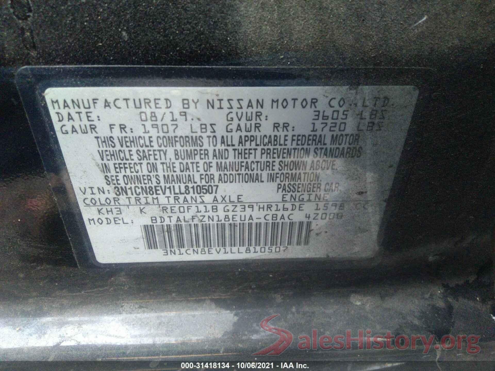 3N1CN8EV1LL810507 2020 NISSAN VERSA