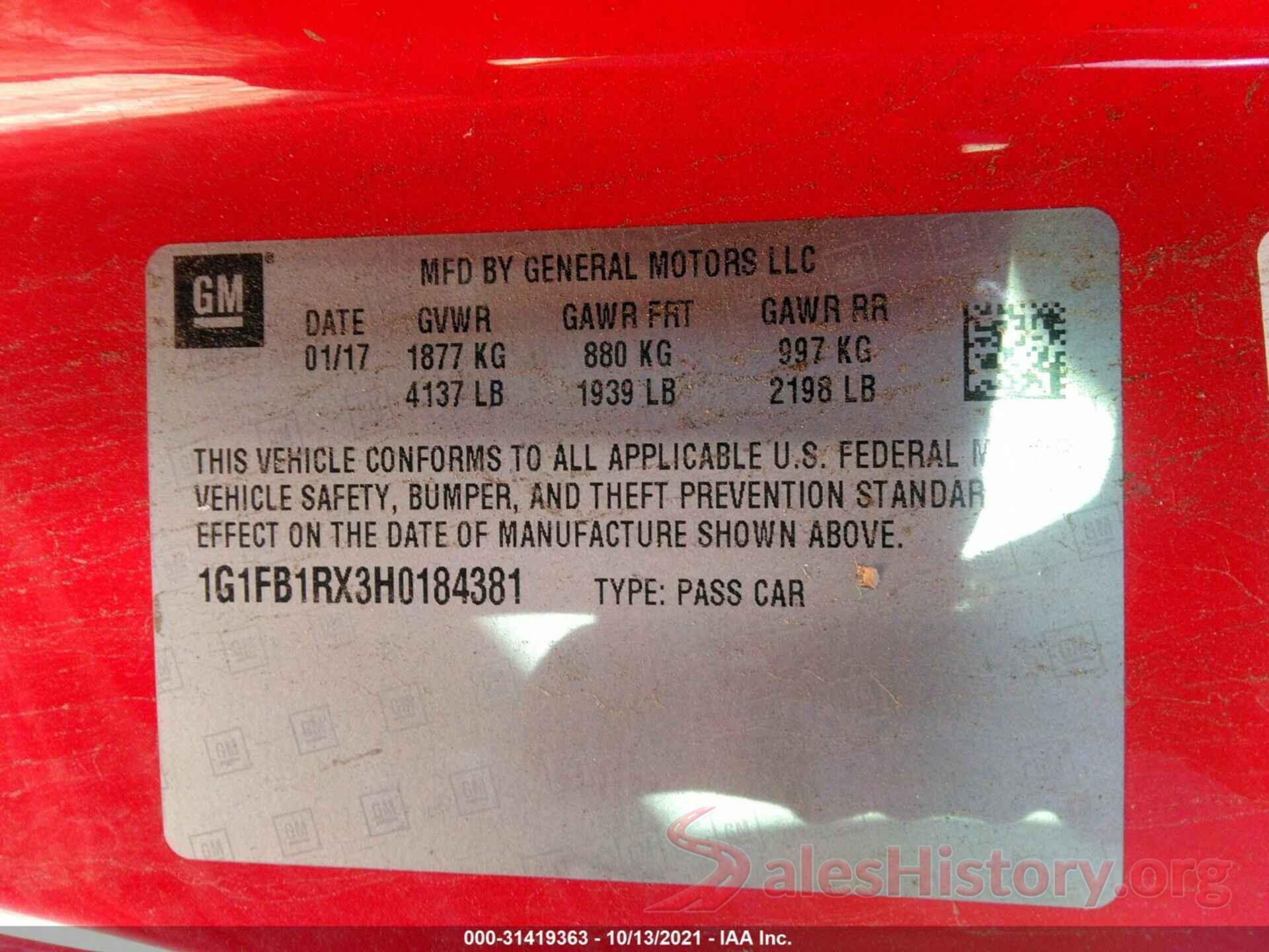 1G1FB1RX3H0184381 2017 CHEVROLET CAMARO