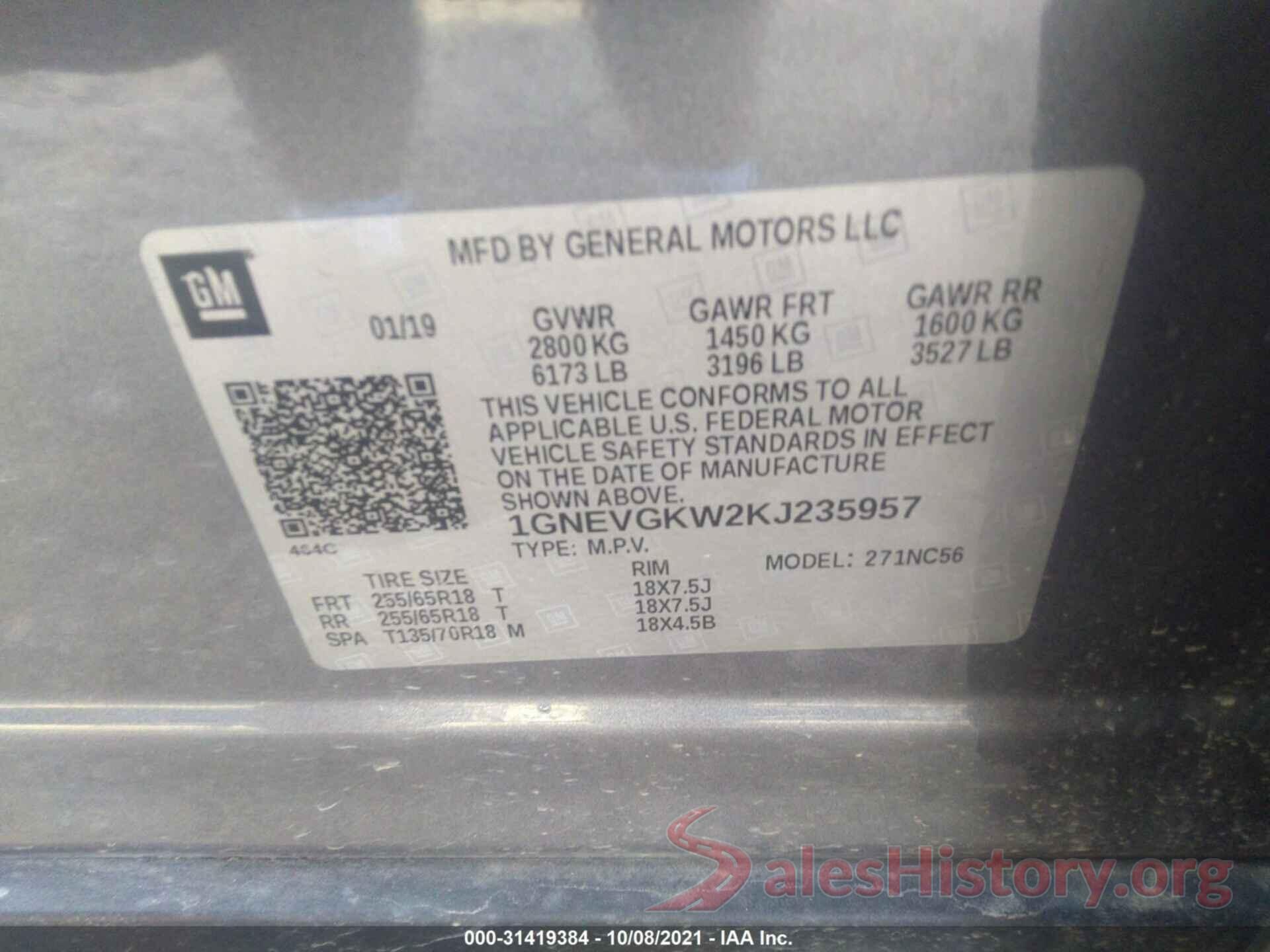 1GNEVGKW2KJ235957 2019 CHEVROLET TRAVERSE