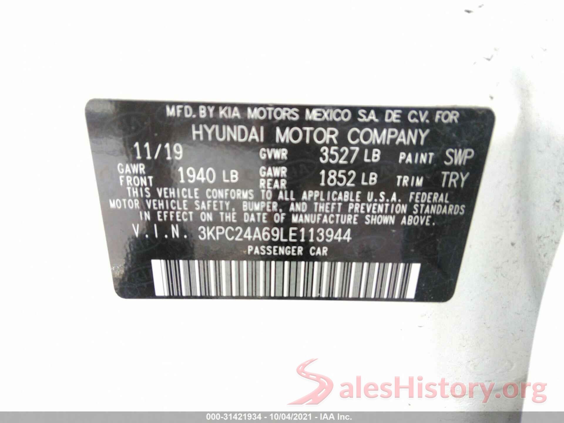 3KPC24A69LE113944 2020 HYUNDAI ACCENT