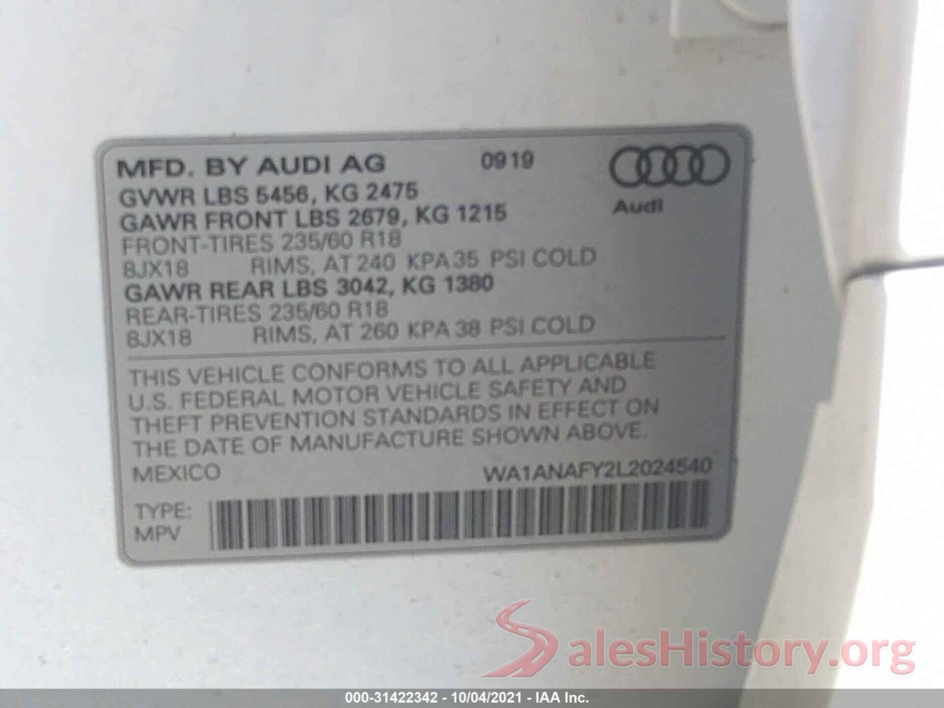 WA1ANAFY2L2024540 2020 AUDI Q5