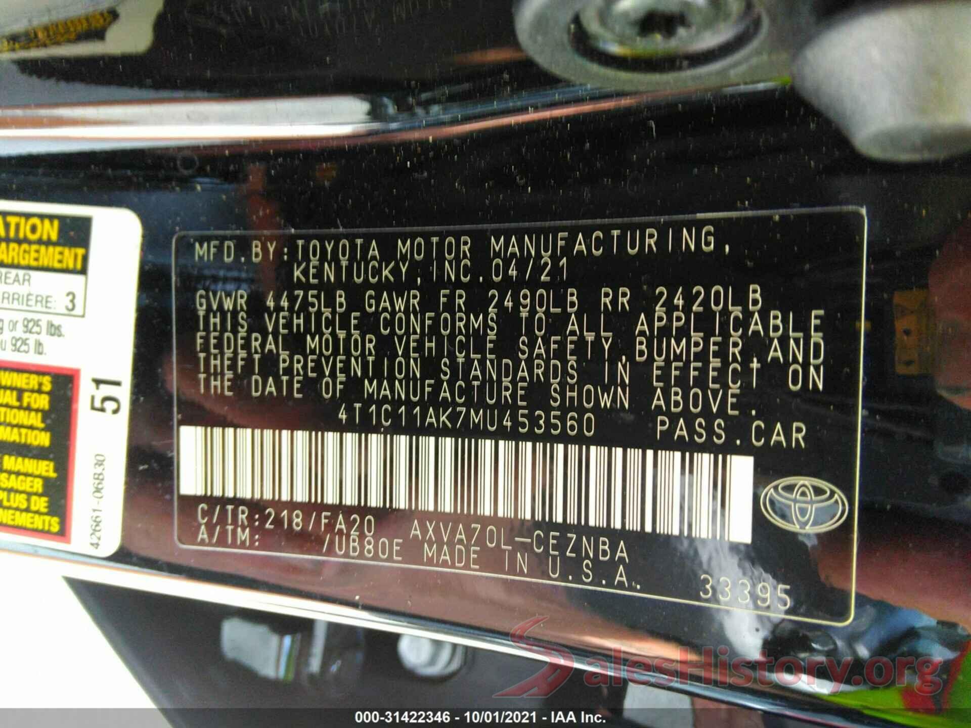 4T1C11AK7MU453560 2021 TOYOTA CAMRY