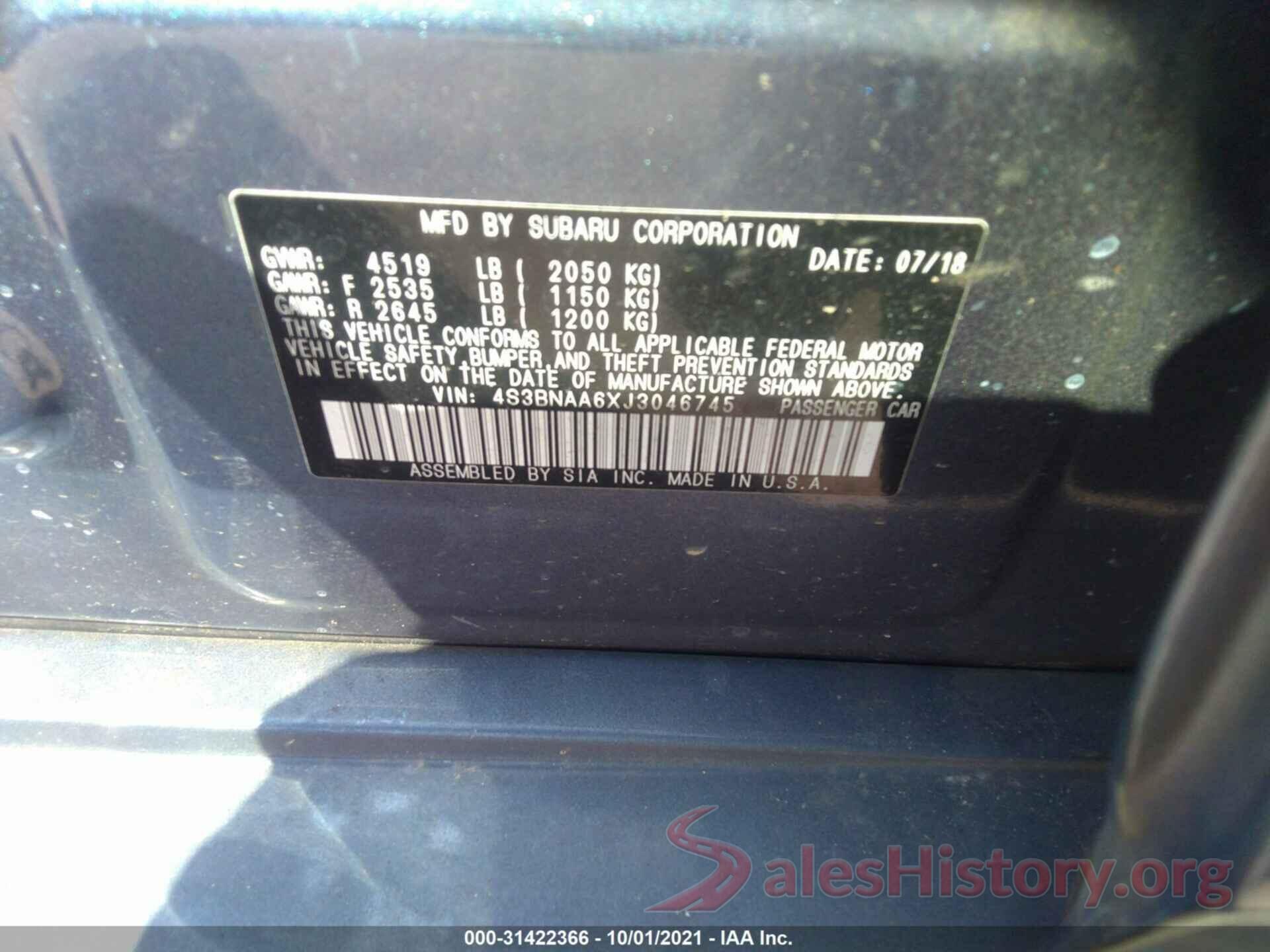 4S3BNAA6XJ3046745 2018 SUBARU LEGACY