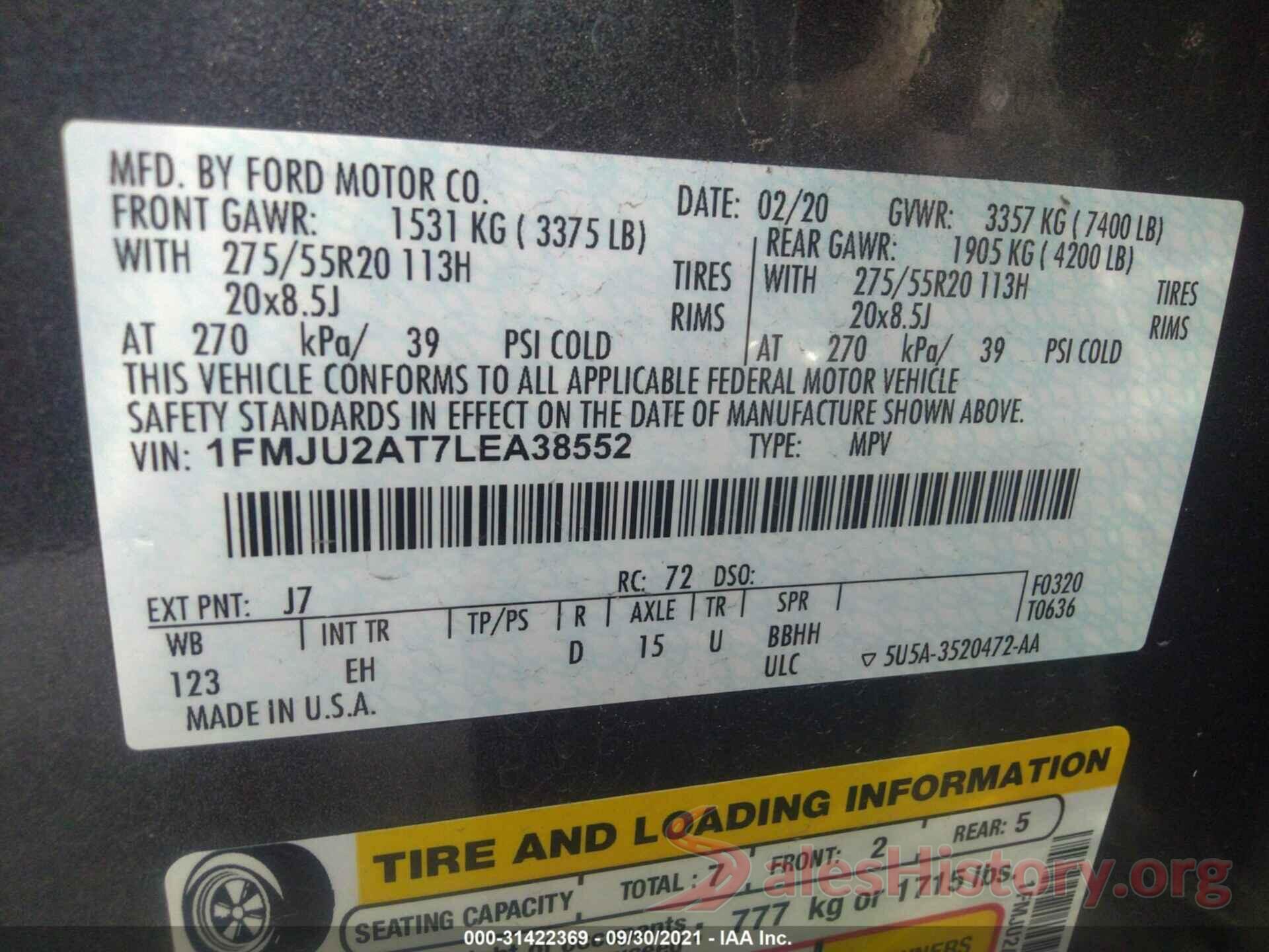 1FMJU2AT7LEA38552 2020 FORD EXPEDITION