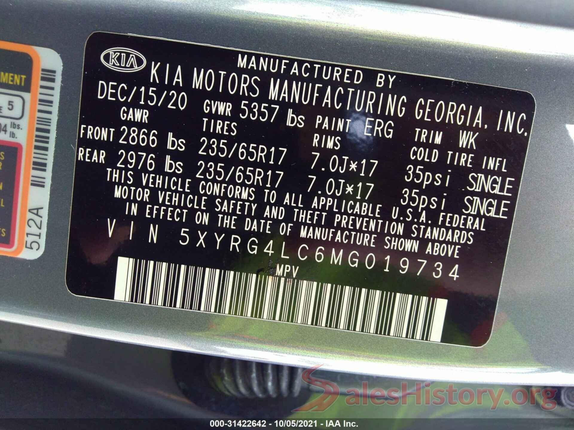 5XYRG4LC6MG019734 2021 KIA SORENTO