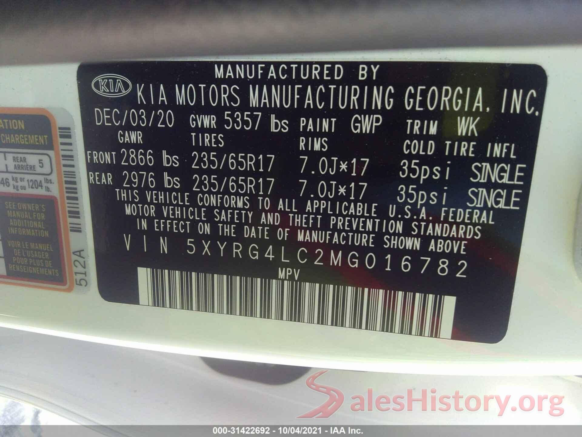 5XYRG4LC2MG016782 2021 KIA SORENTO