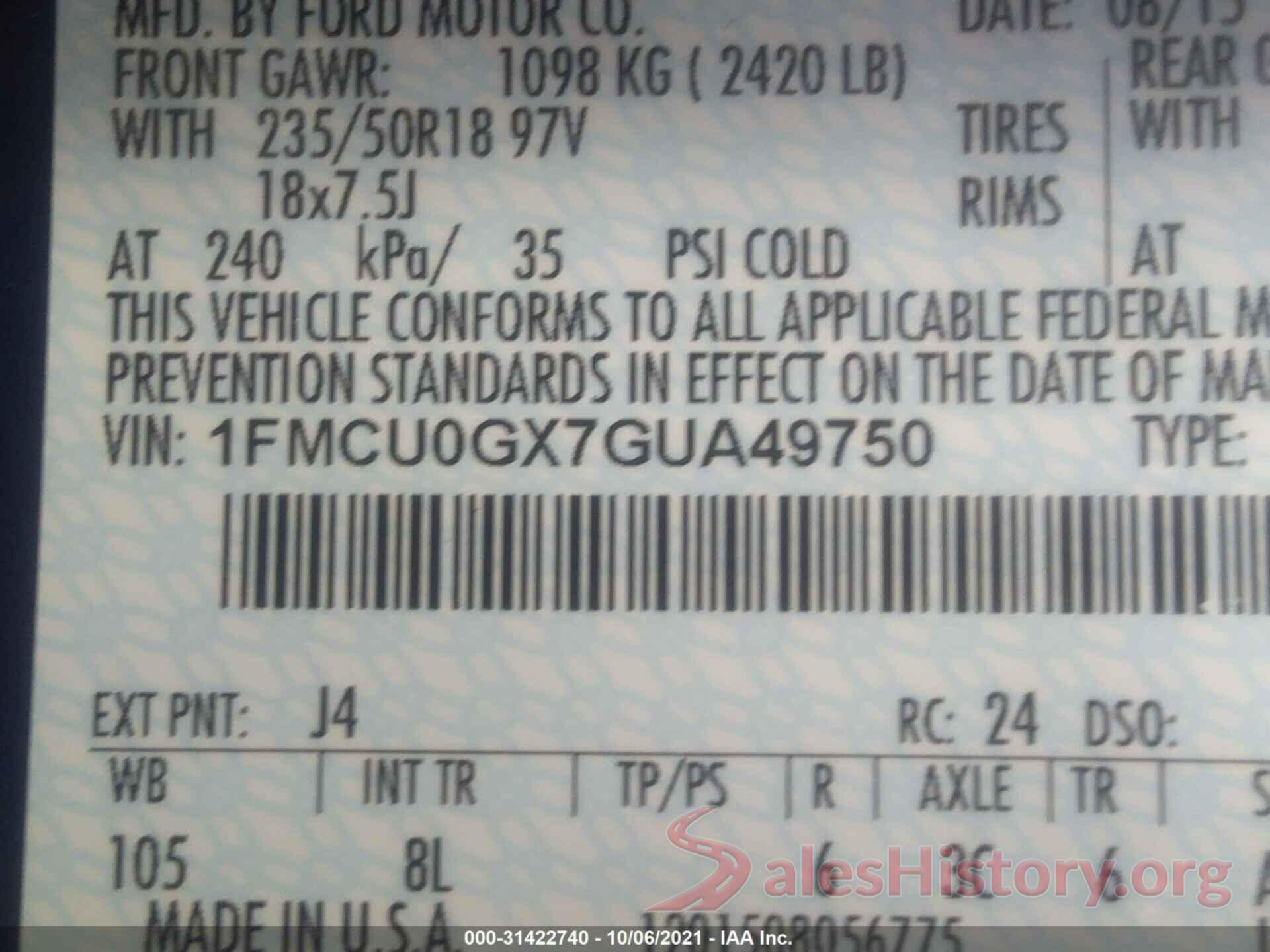 1FMCU0GX7GUA49750 2016 FORD ESCAPE