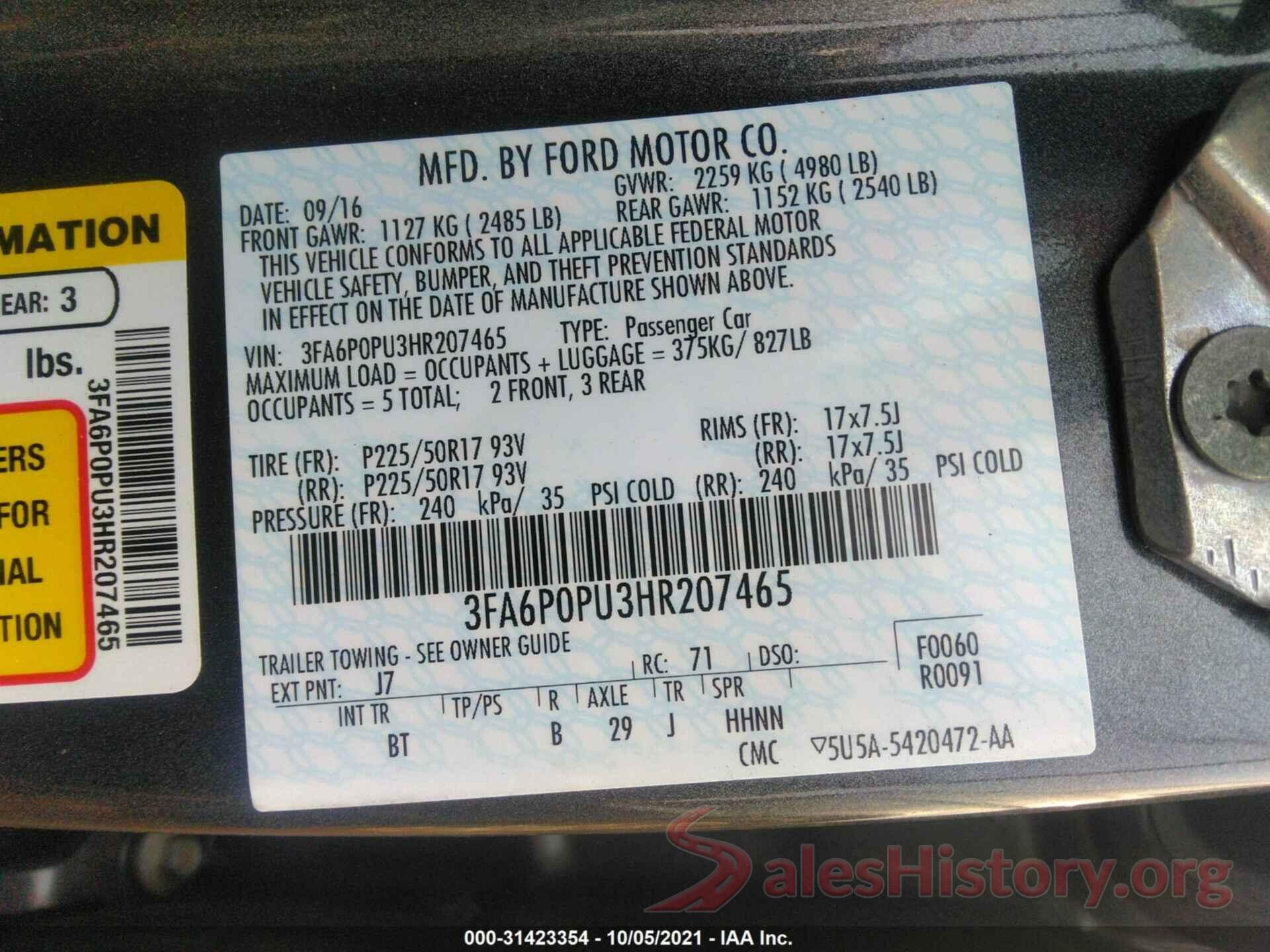 3FA6P0PU3HR207465 2017 FORD FUSION ENERGI