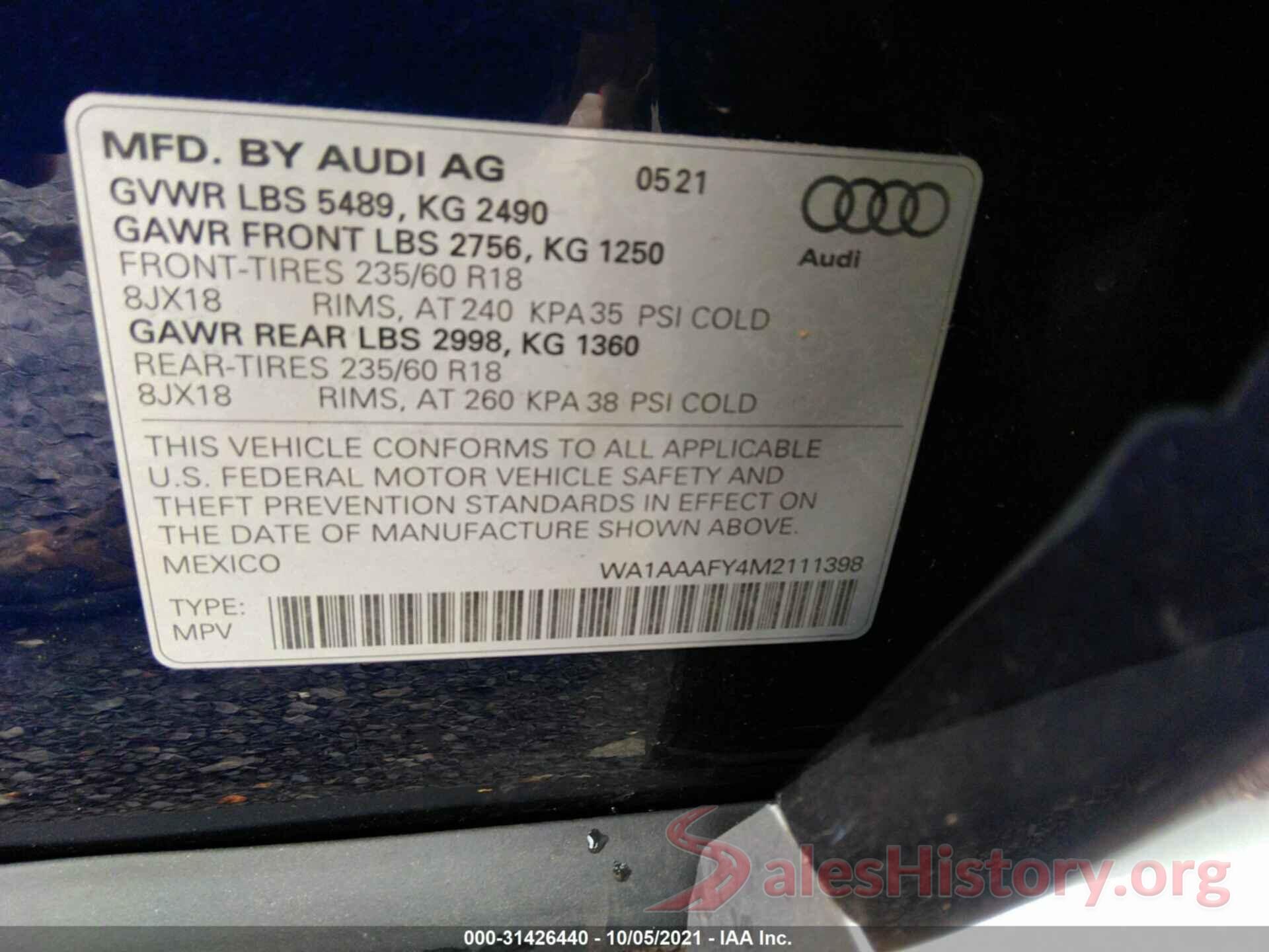 WA1AAAFY4M2111398 2021 AUDI Q5