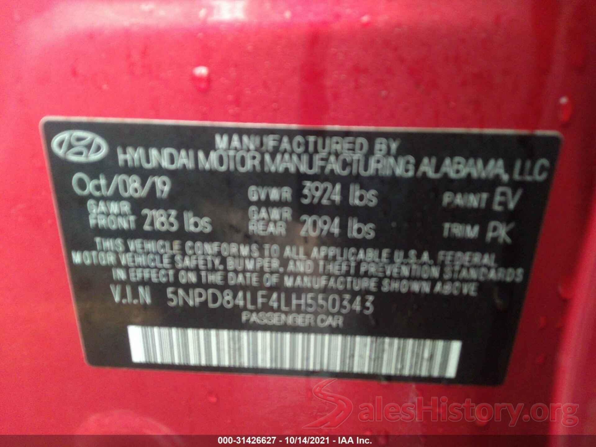 5NPD84LF4LH550343 2020 HYUNDAI ELANTRA