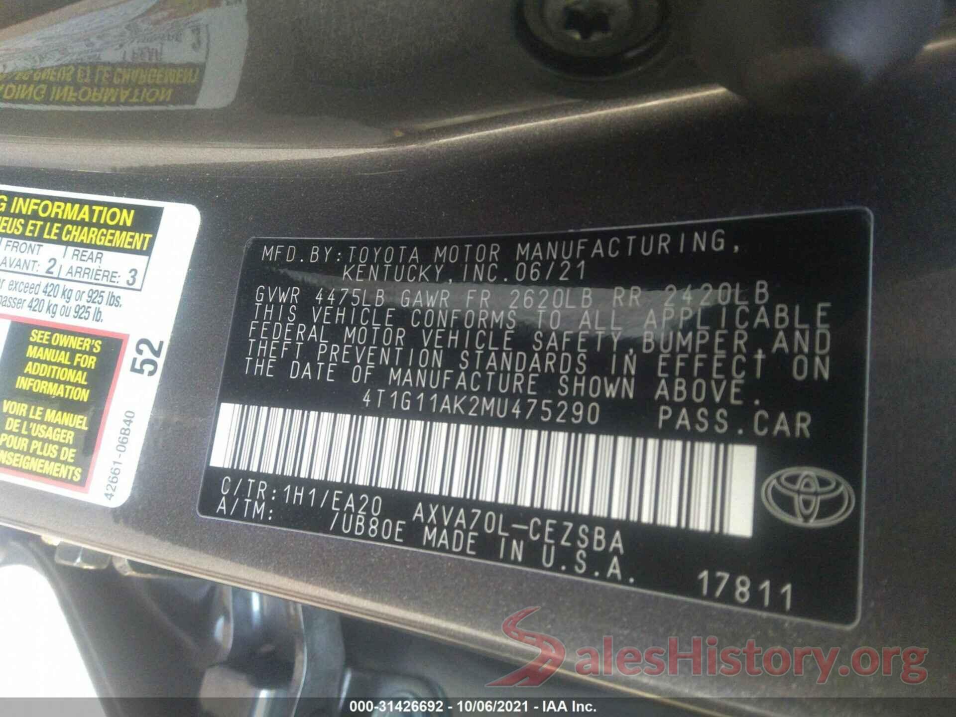 4T1G11AK2MU475290 2021 TOYOTA CAMRY