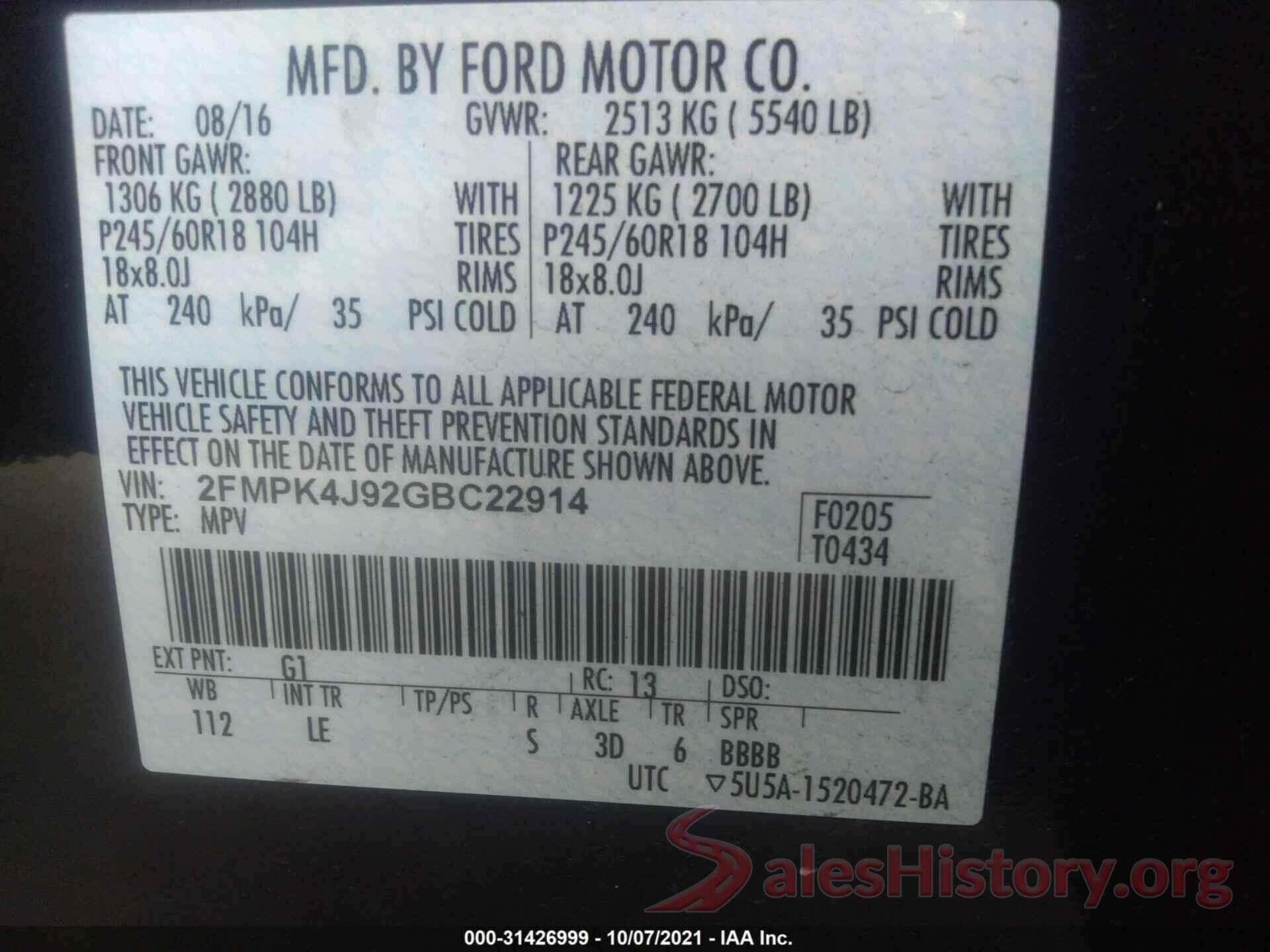 2FMPK4J92GBC22914 2016 FORD EDGE