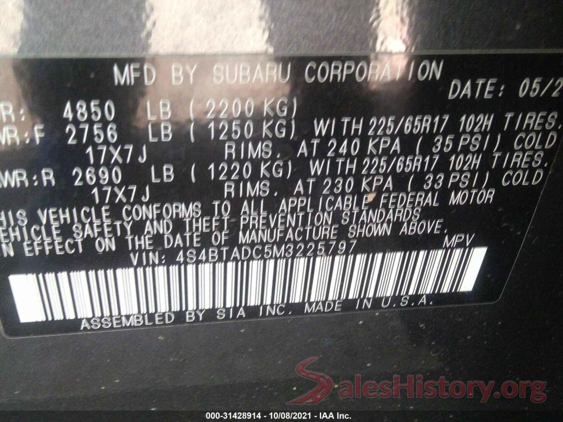 4S4BTADC5M3225797 2021 SUBARU OUTBACK