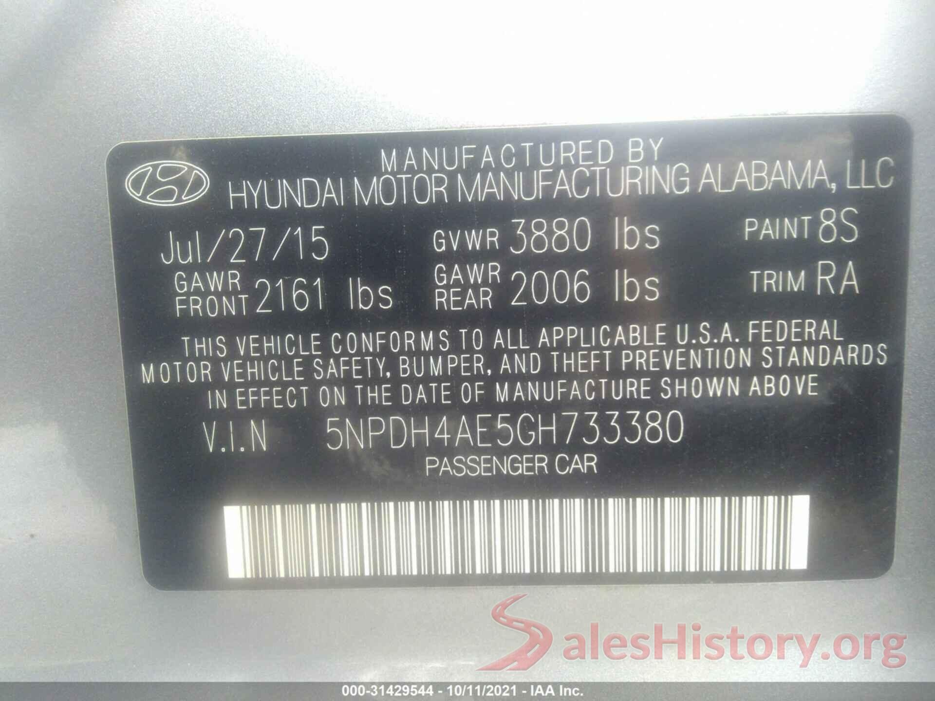 5NPDH4AE5GH733380 2016 HYUNDAI ELANTRA