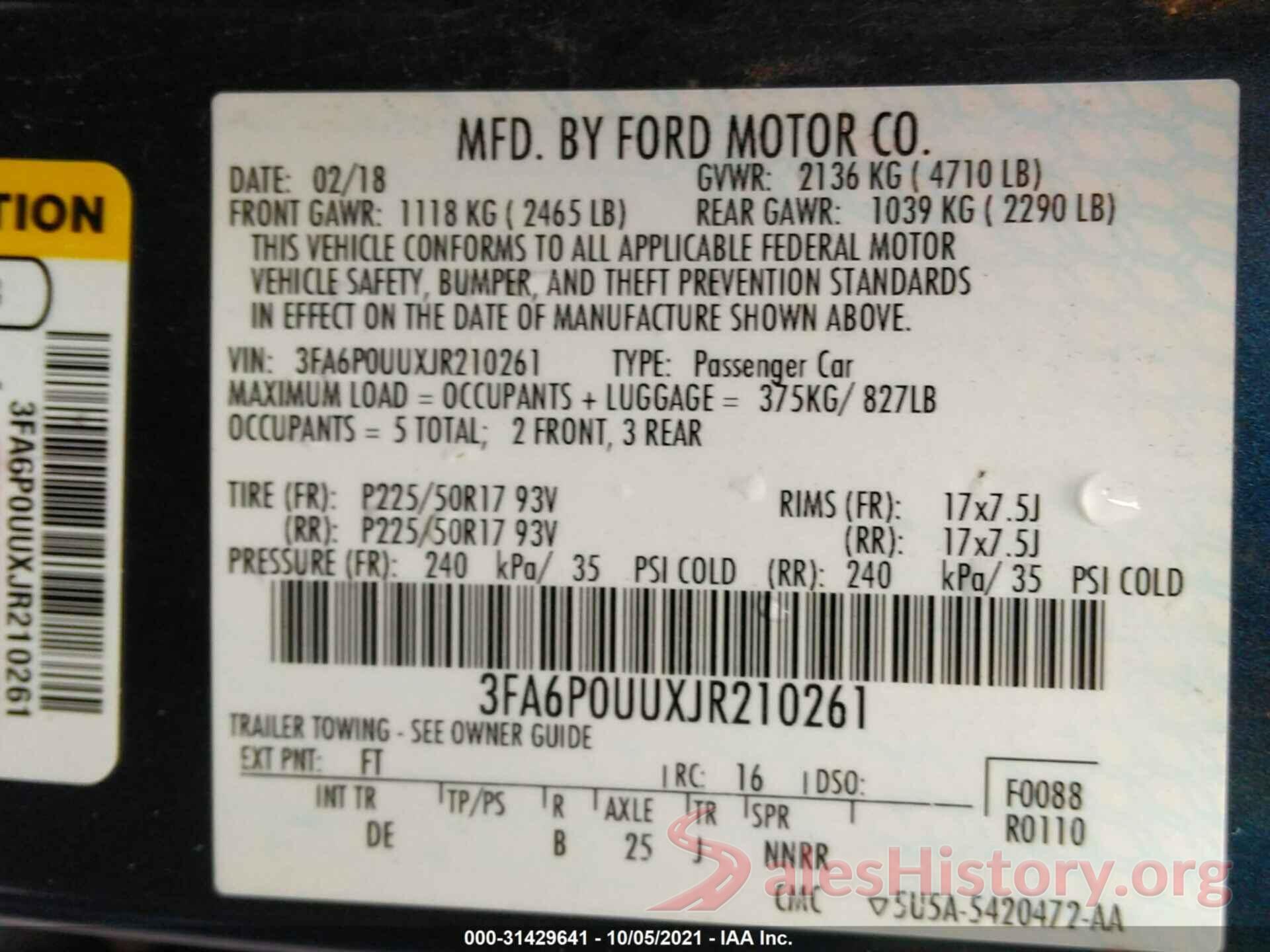 3FA6P0UUXJR210261 2018 FORD FUSION HYBRID