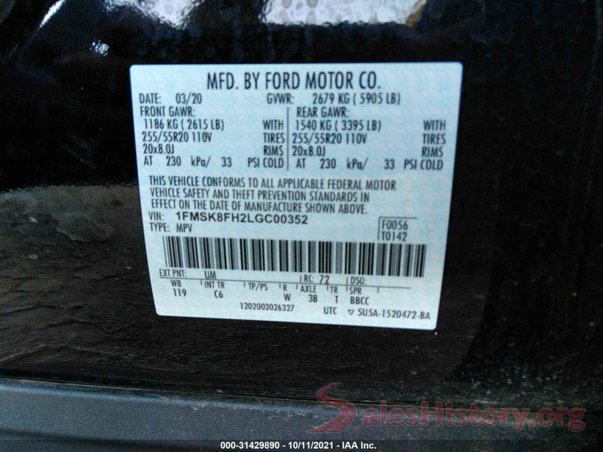 1FMSK8FH2LGC00352 2020 FORD EXPLORER