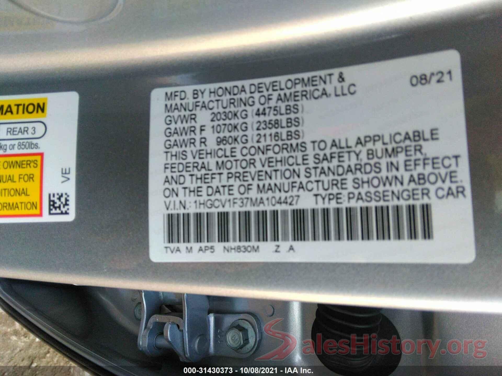 1HGCV1F37MA104427 2021 HONDA ACCORD SEDAN