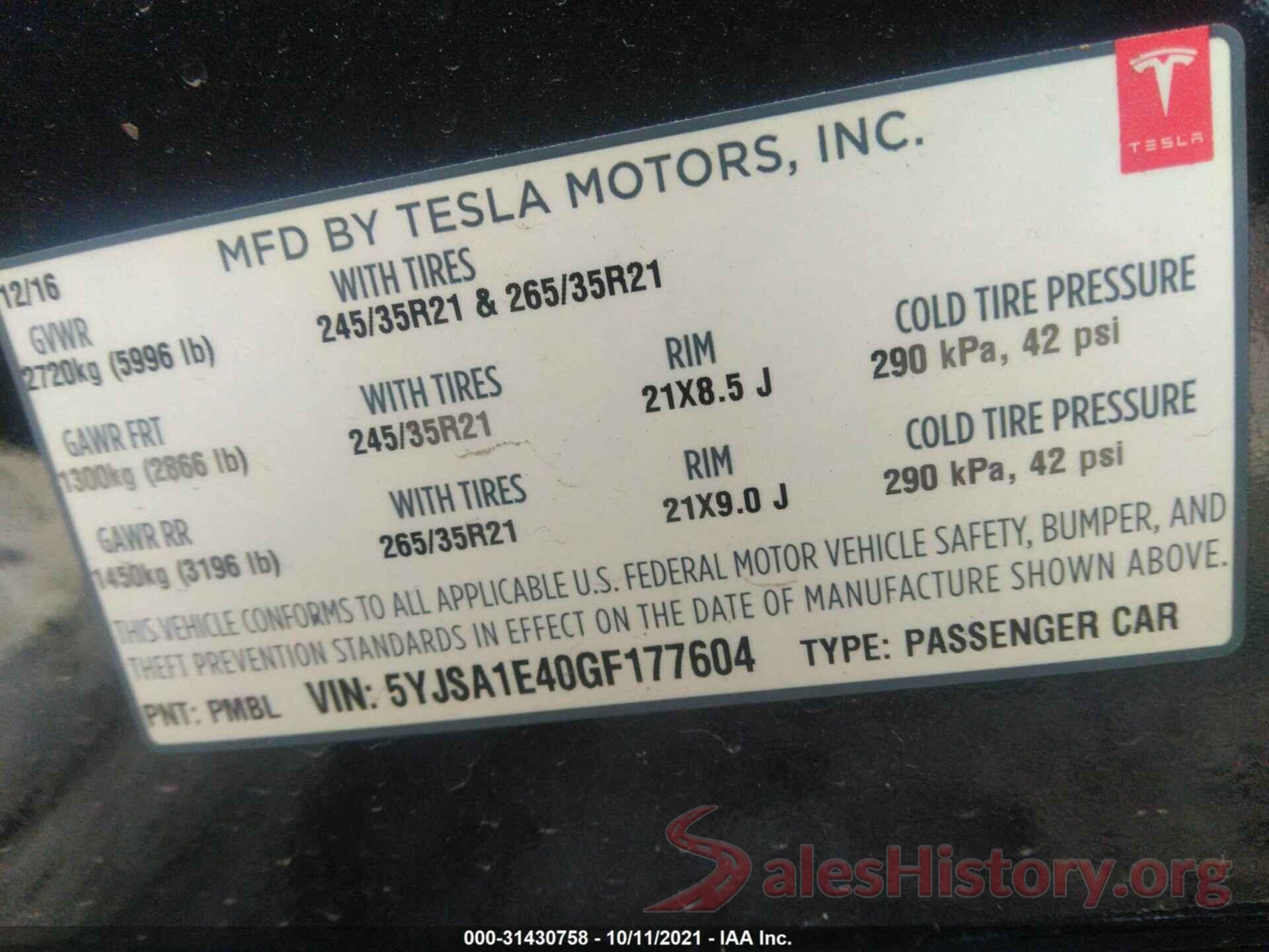 5YJSA1E40GF177604 2016 TESLA MODEL S