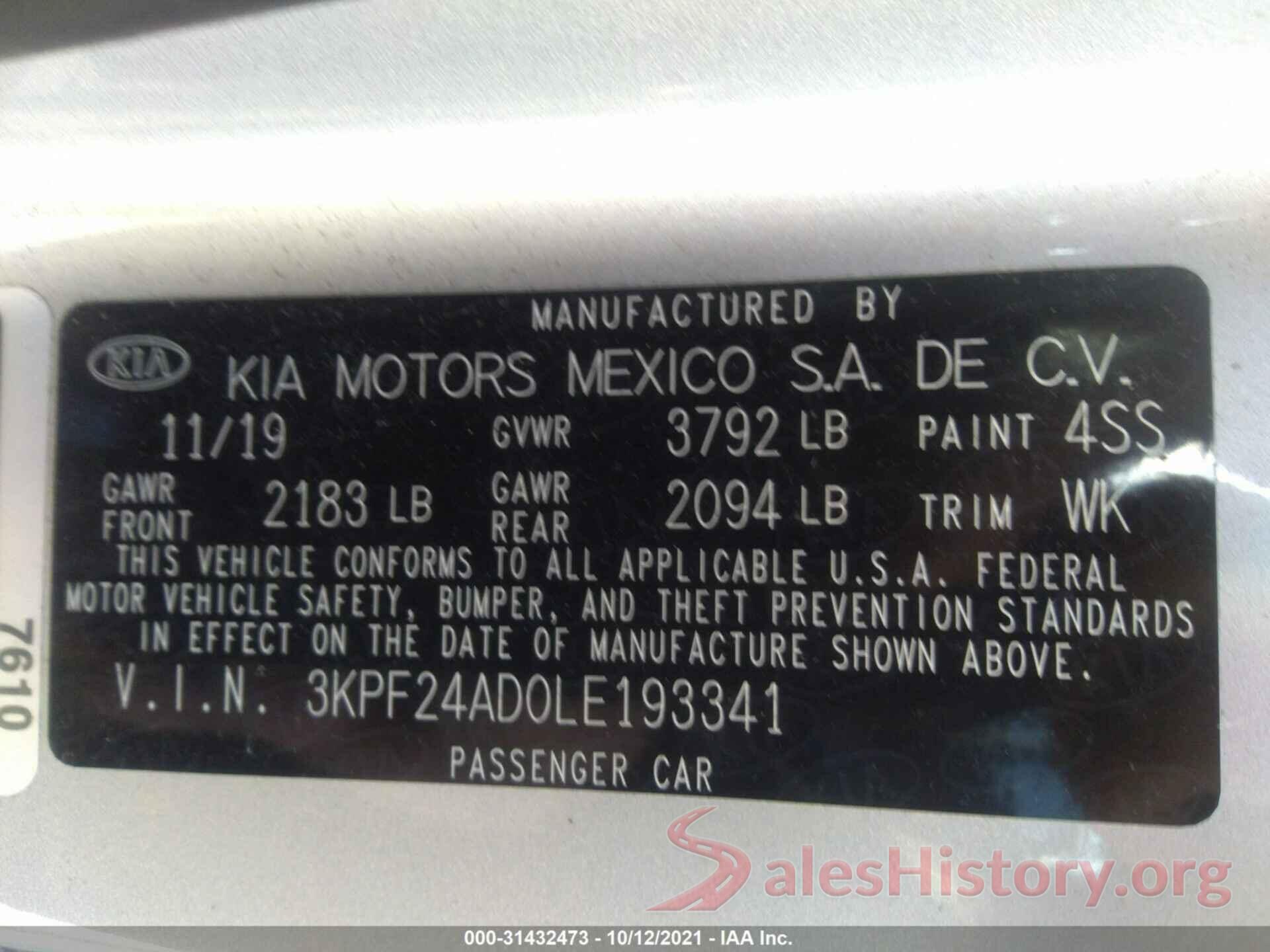 3KPF24AD0LE193341 2020 KIA FORTE