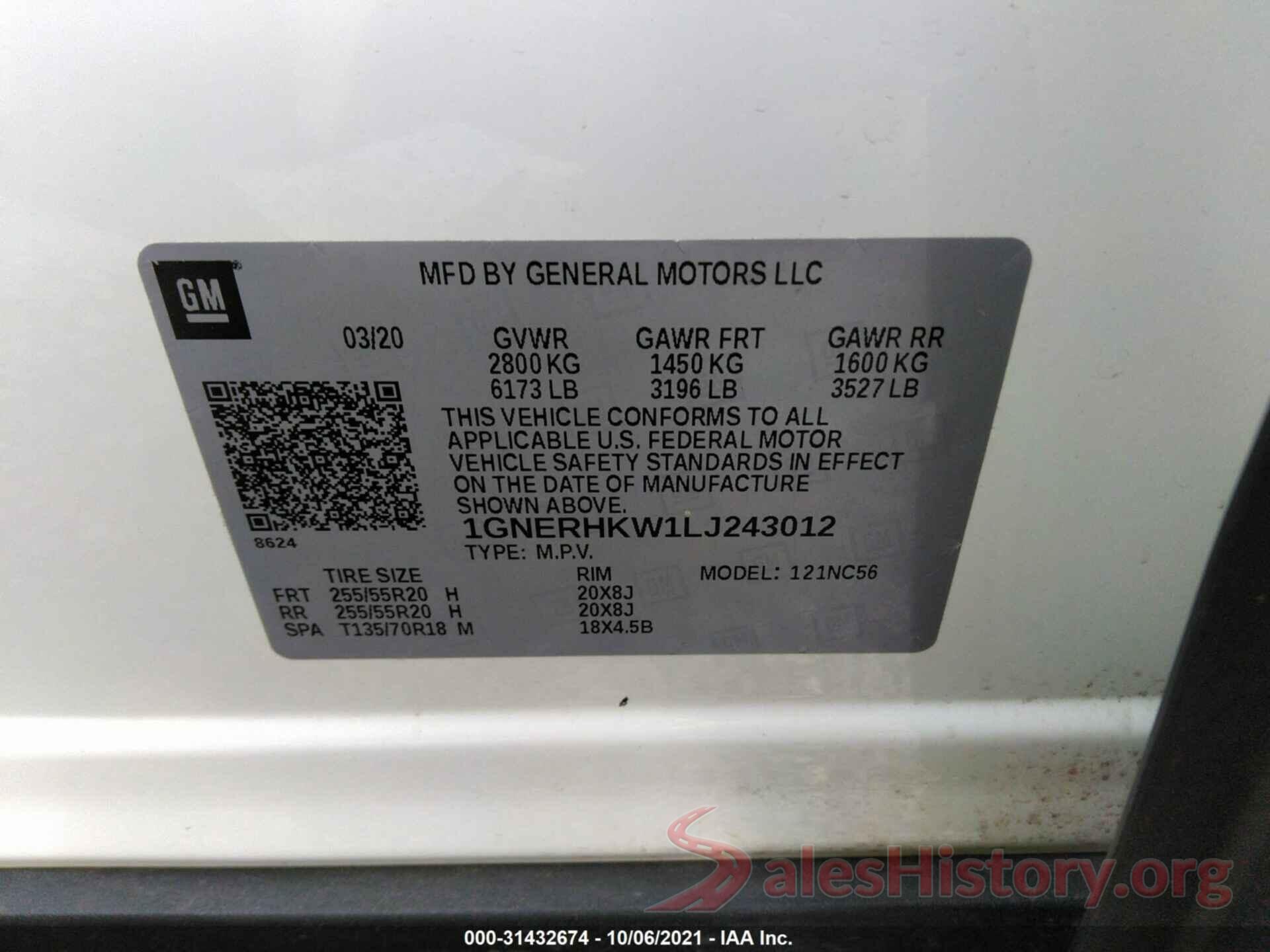 1GNERHKW1LJ243012 2020 CHEVROLET TRAVERSE