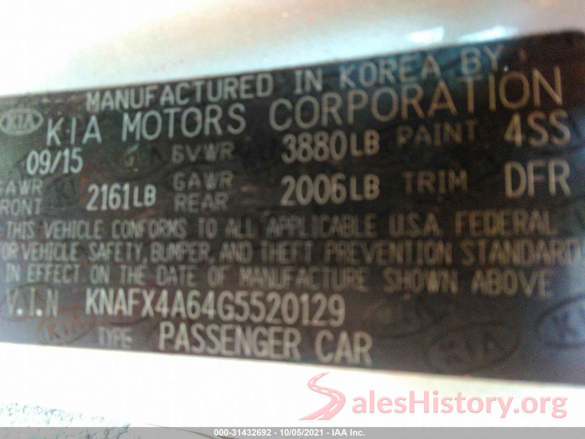 KNAFX4A64G5520129 2016 KIA FORTE