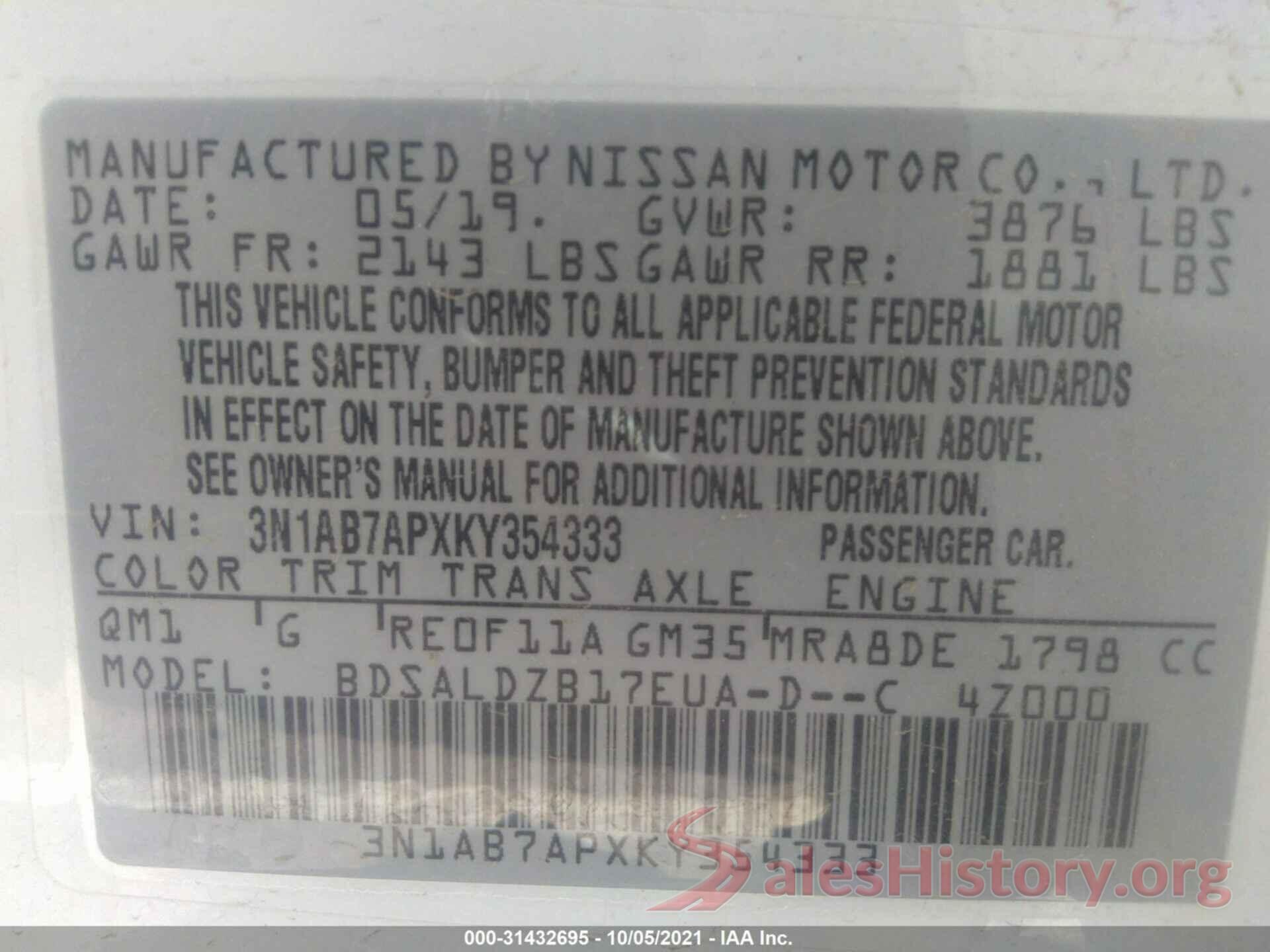 3N1AB7APXKY354333 2019 NISSAN SENTRA