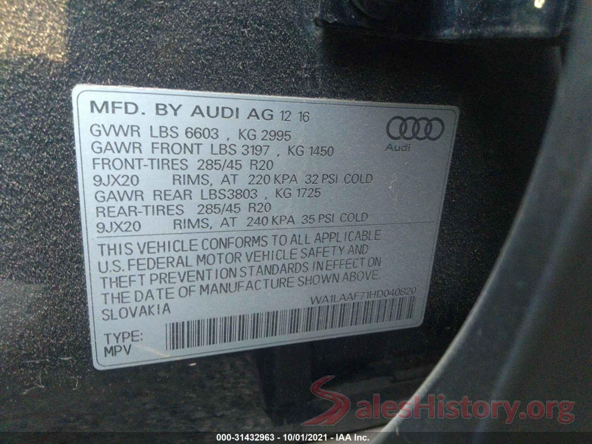 WA1LAAF71HD040820 2017 AUDI Q7