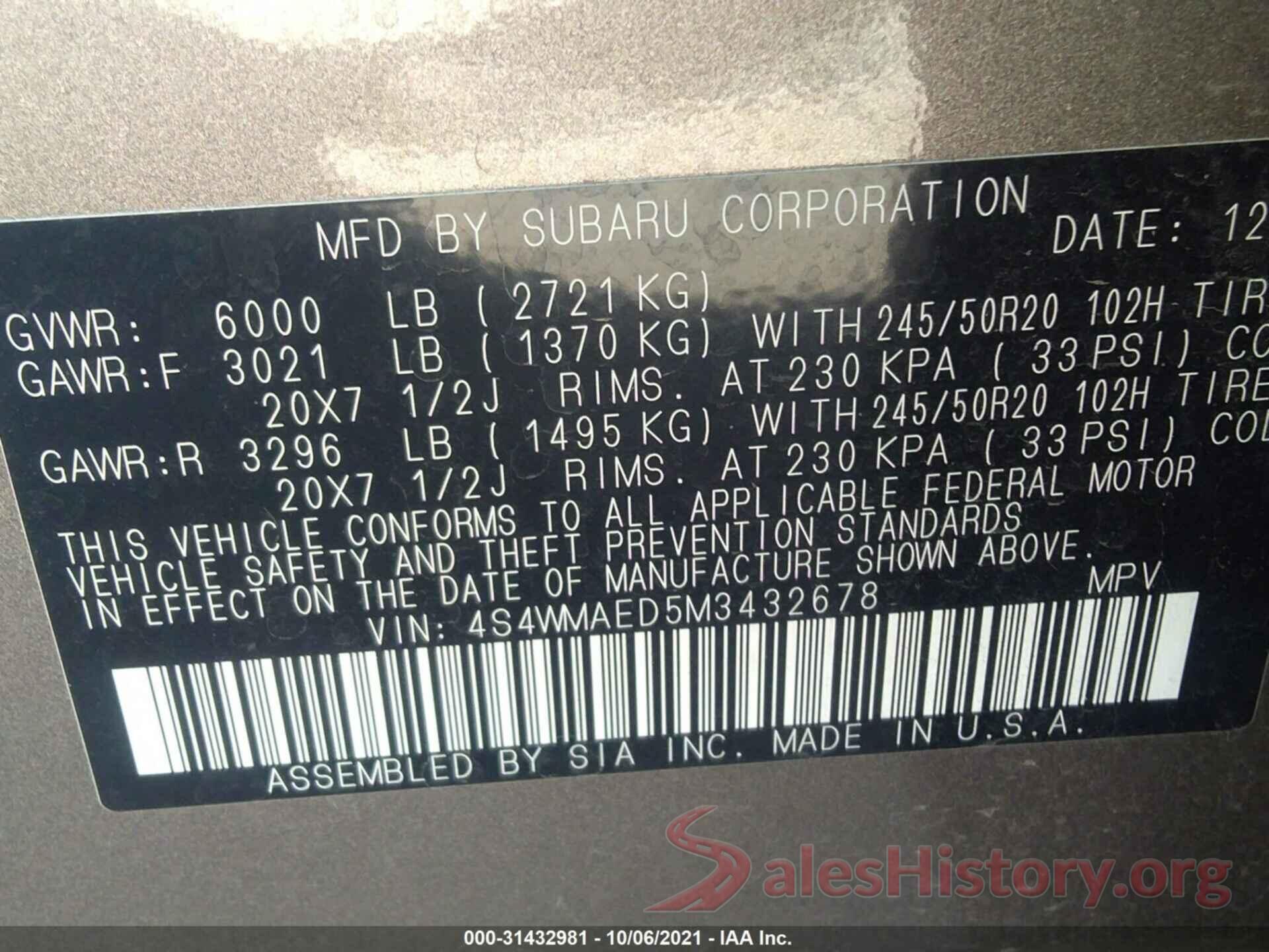 4S4WMAED5M3432678 2021 SUBARU ASCENT