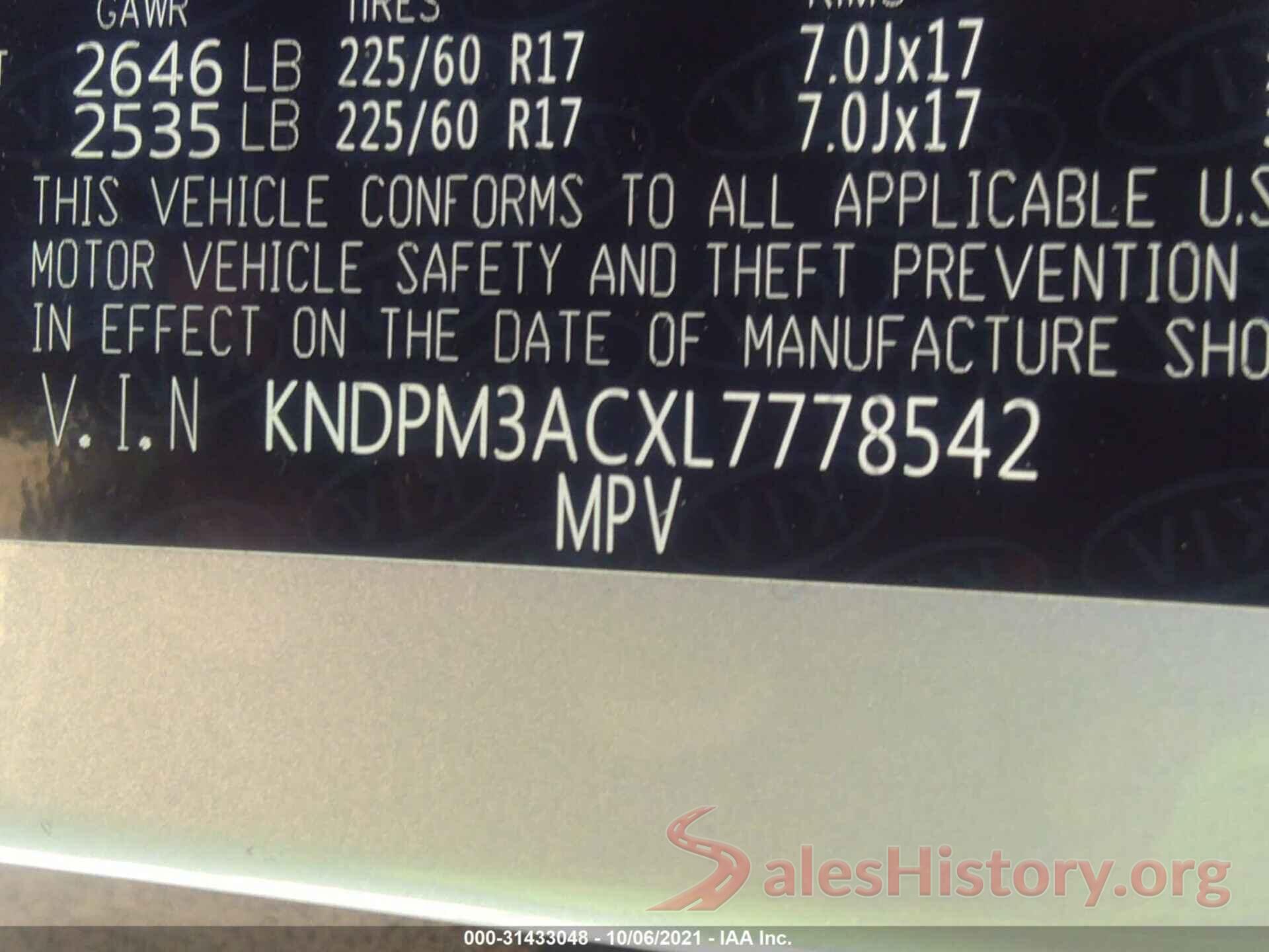 KNDPM3ACXL7778542 2020 KIA SPORTAGE