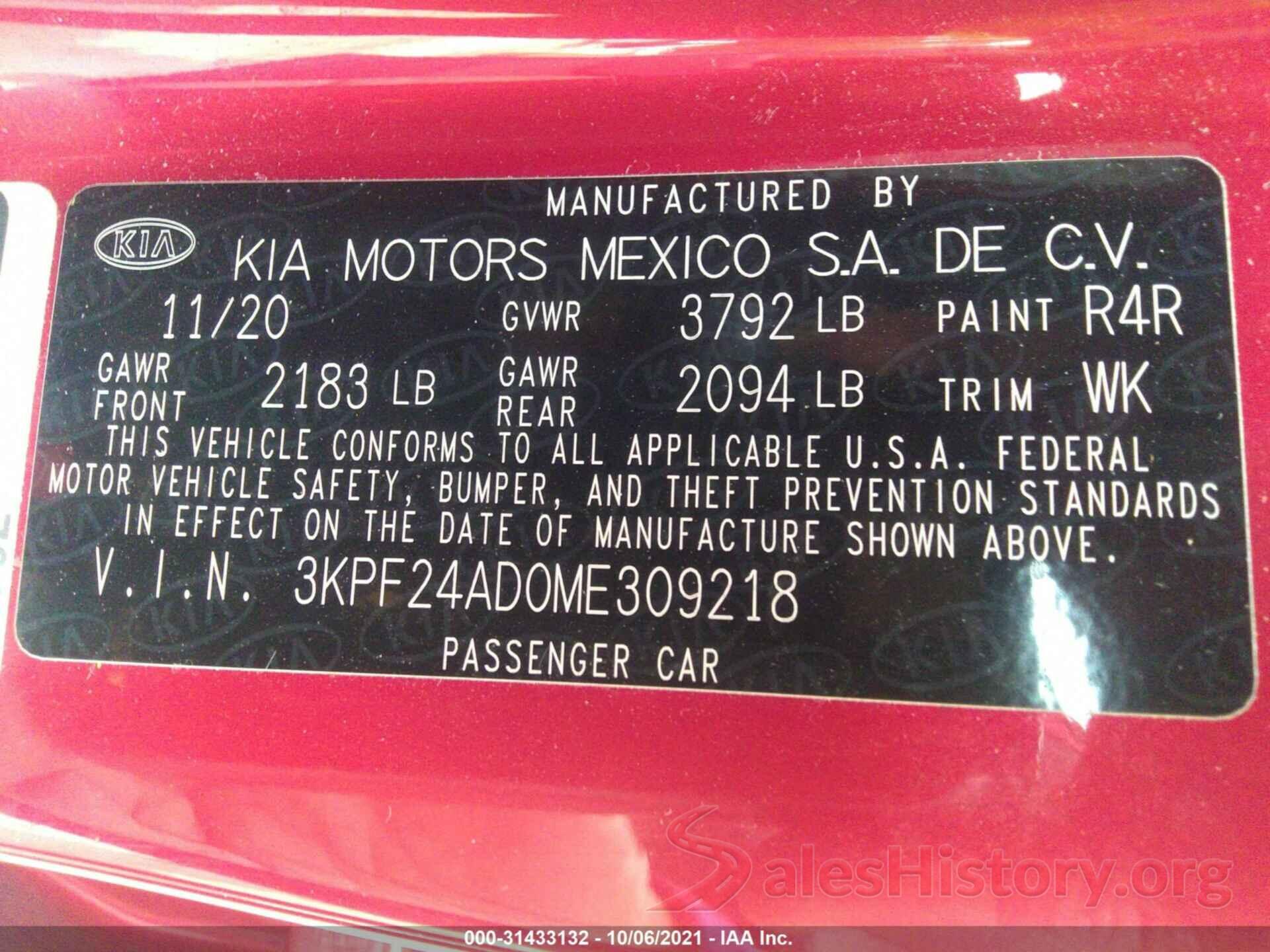 3KPF24AD0ME309218 2021 KIA FORTE