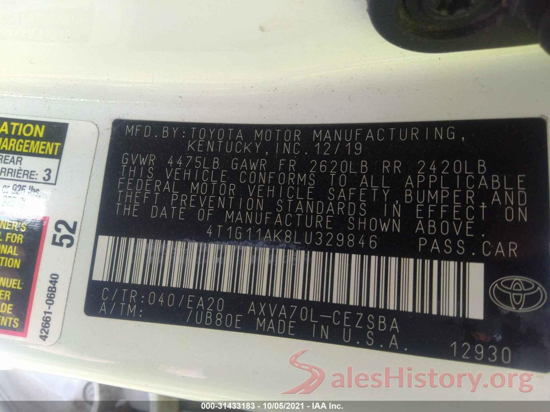 4T1G11AK8LU329846 2020 TOYOTA CAMRY