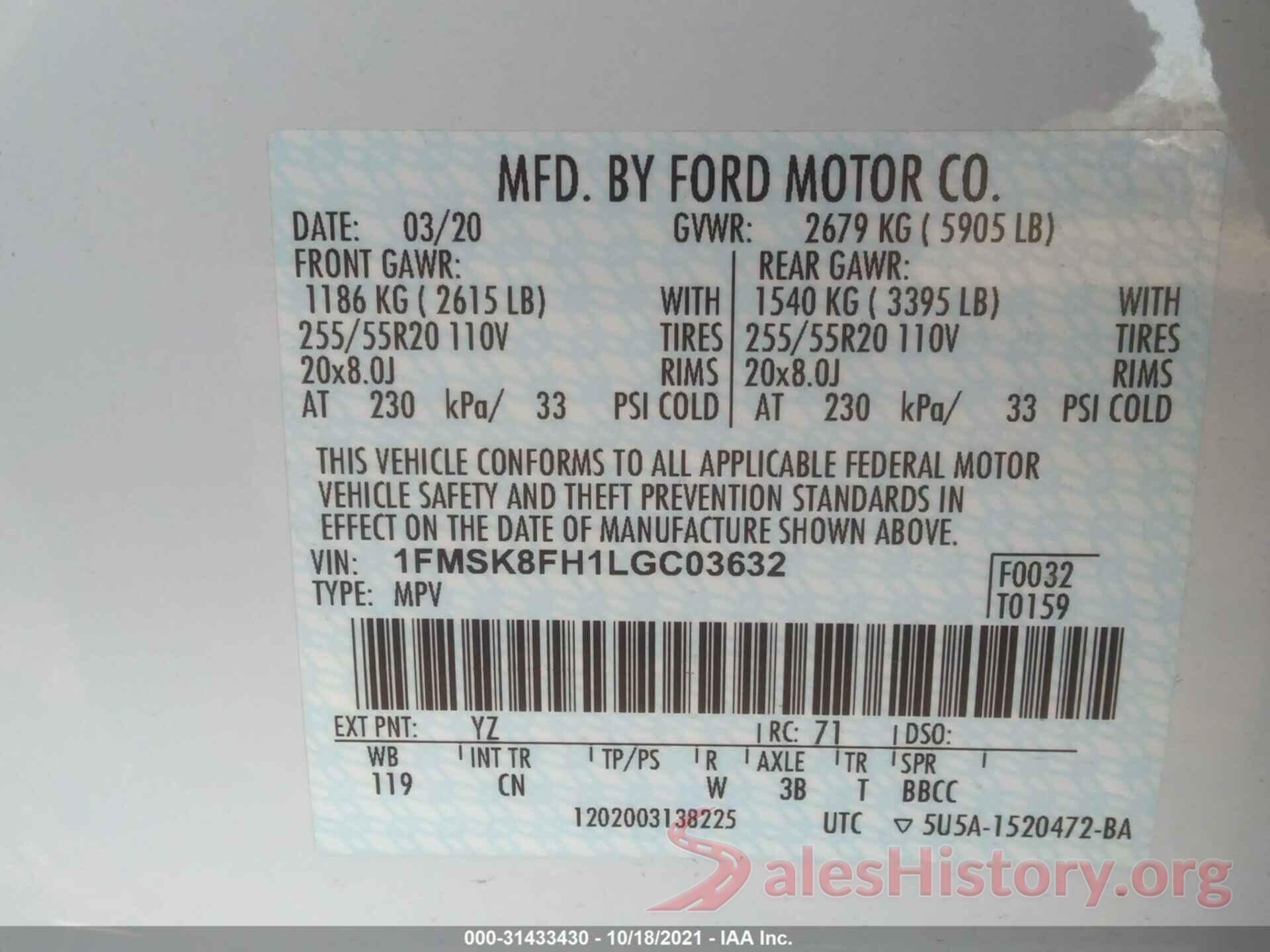 1FMSK8FH1LGC03632 2020 FORD EXPLORER