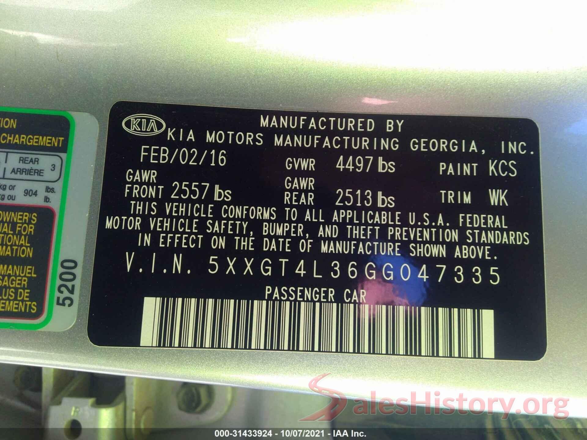 5XXGT4L36GG047335 2016 KIA OPTIMA