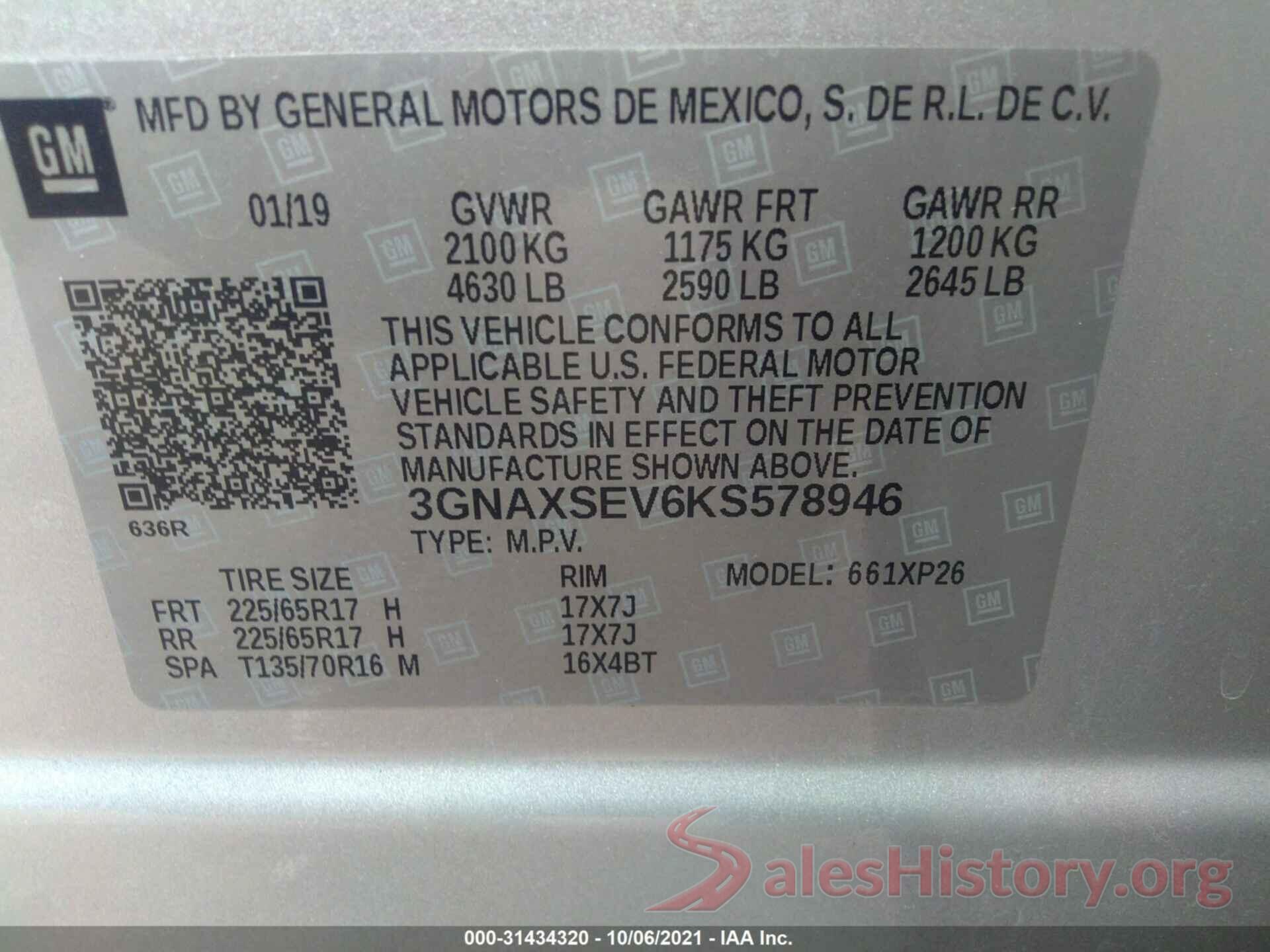 3GNAXSEV6KS578946 2019 CHEVROLET EQUINOX