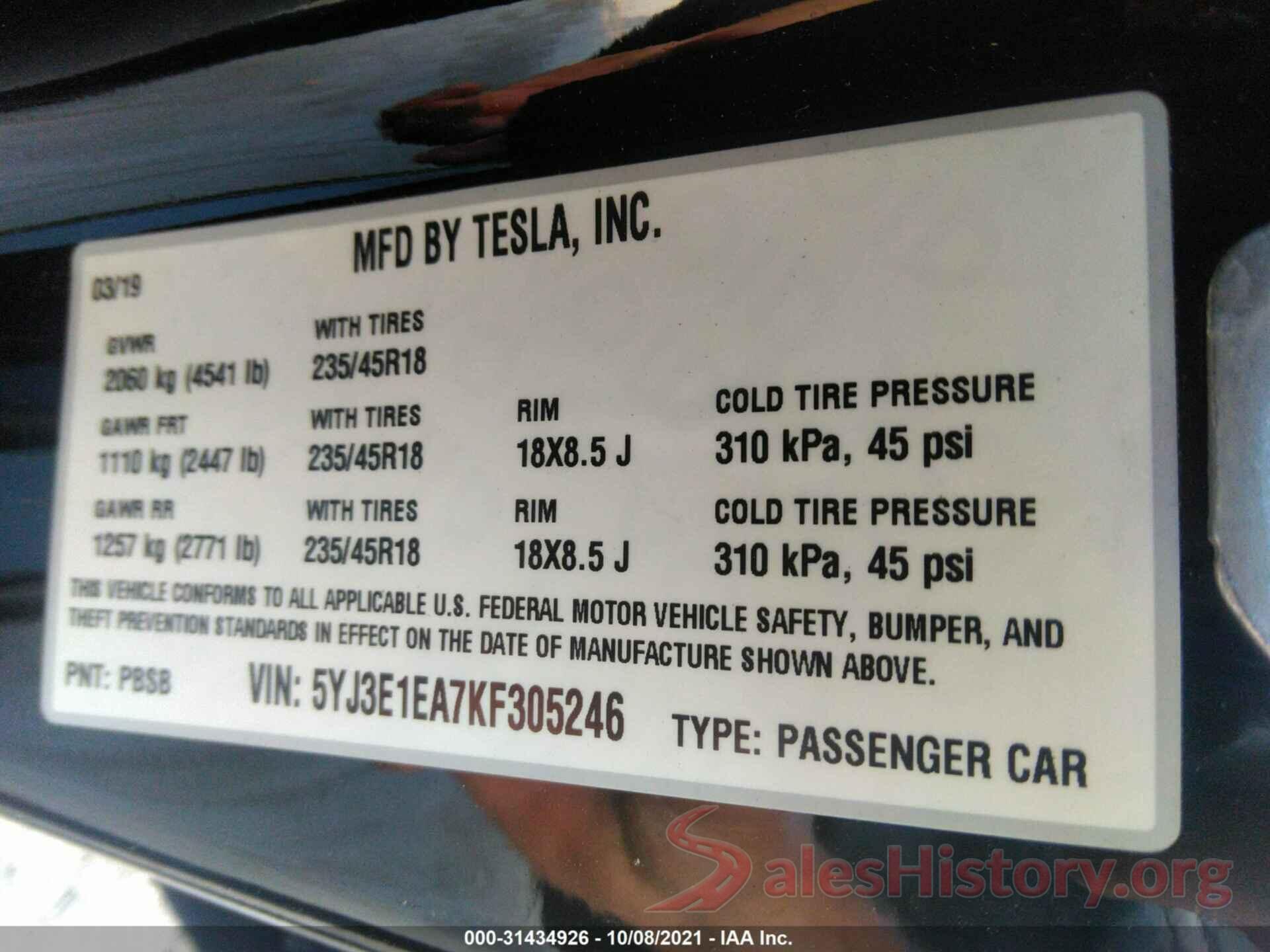 5YJ3E1EA7KF305246 2019 TESLA MODEL 3