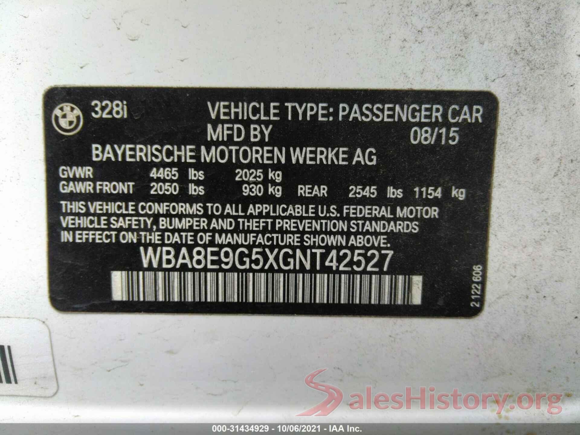 WBA8E9G5XGNT42527 2016 BMW 3 SERIES