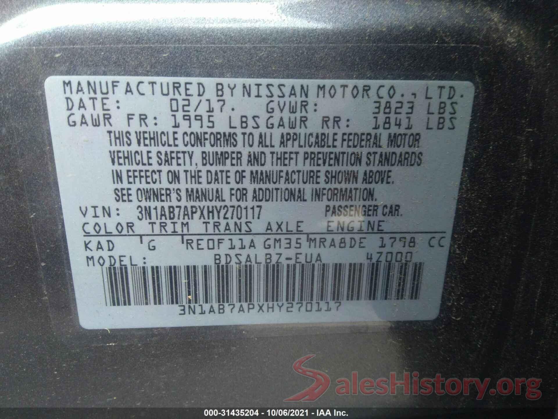 3N1AB7APXHY270117 2017 NISSAN SENTRA