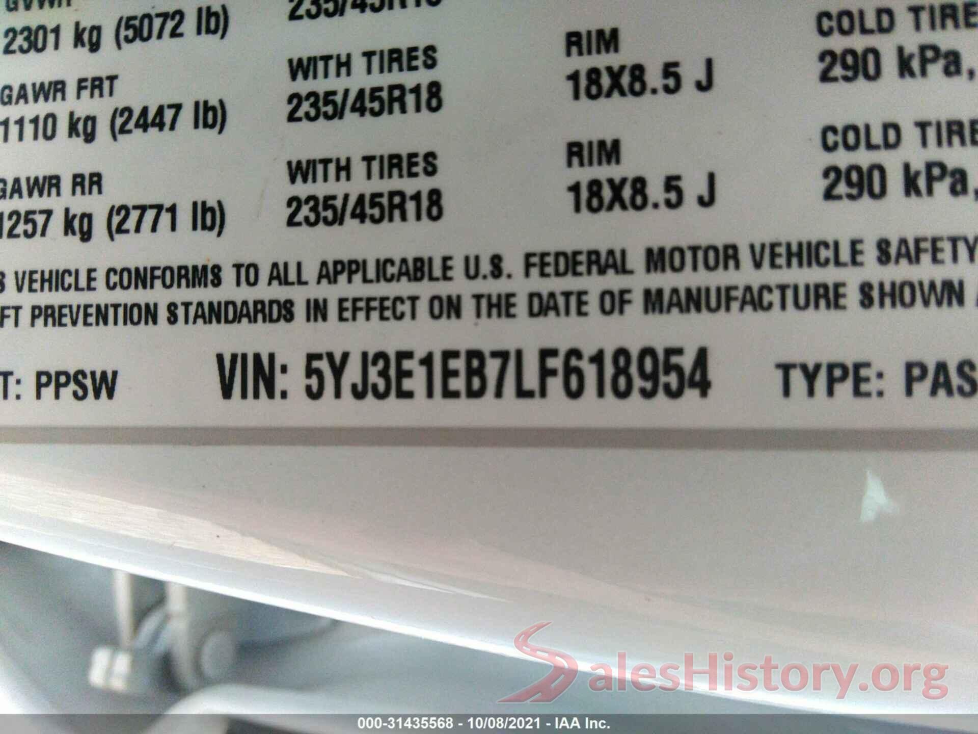 5YJ3E1EB7LF618954 2020 TESLA MODEL 3