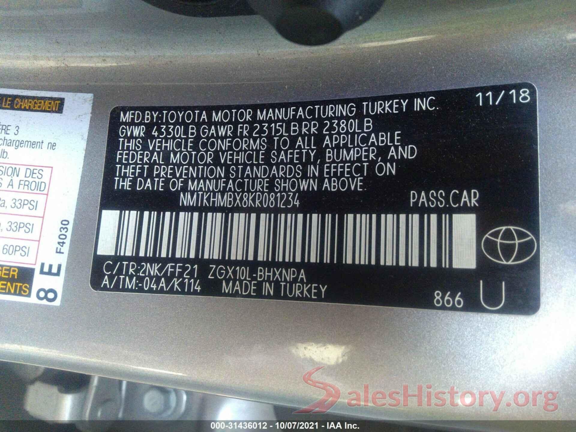 NMTKHMBX8KR081234 2019 TOYOTA C-HR