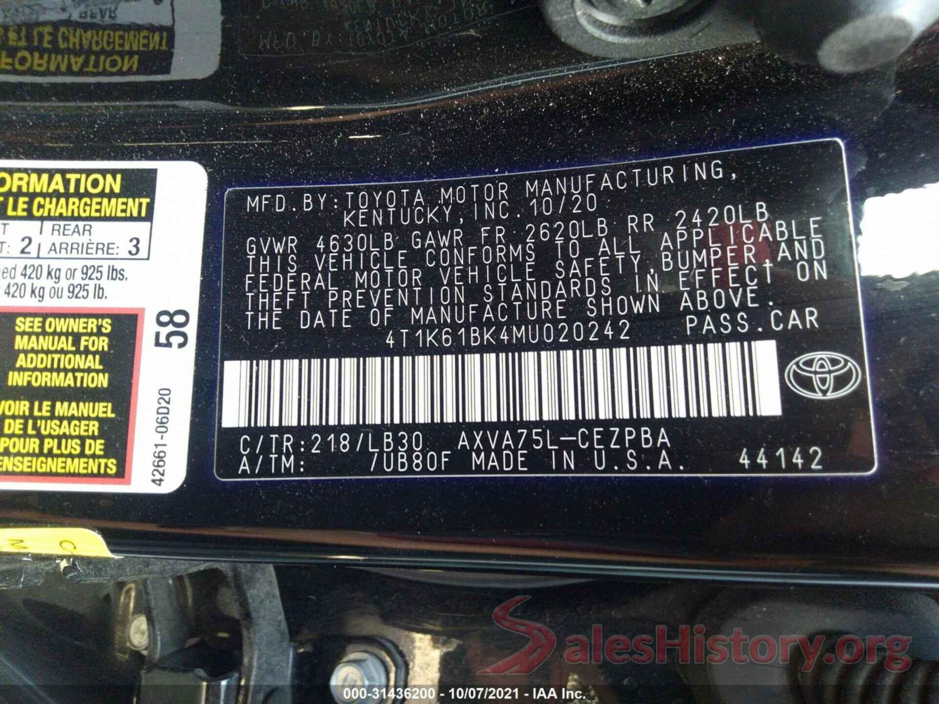 4T1K61BK4MU020242 2021 TOYOTA CAMRY