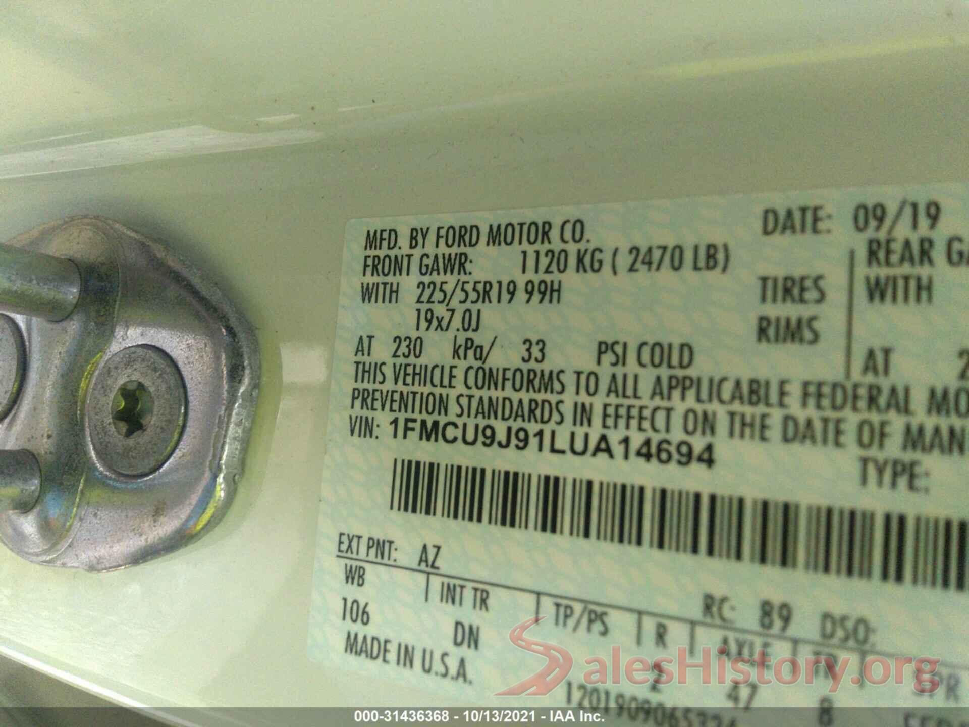 1FMCU9J91LUA14694 2020 FORD ESCAPE