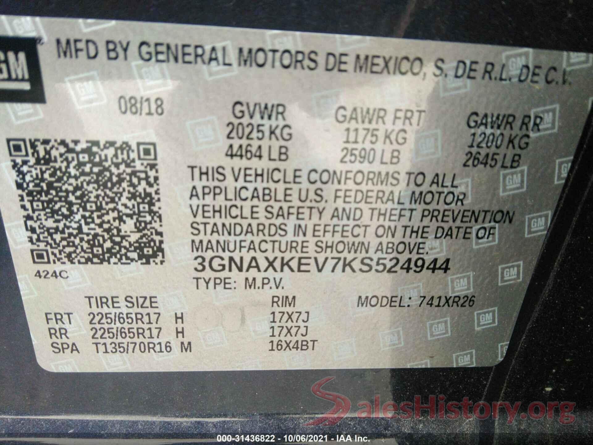 3GNAXKEV7KS524944 2019 CHEVROLET EQUINOX