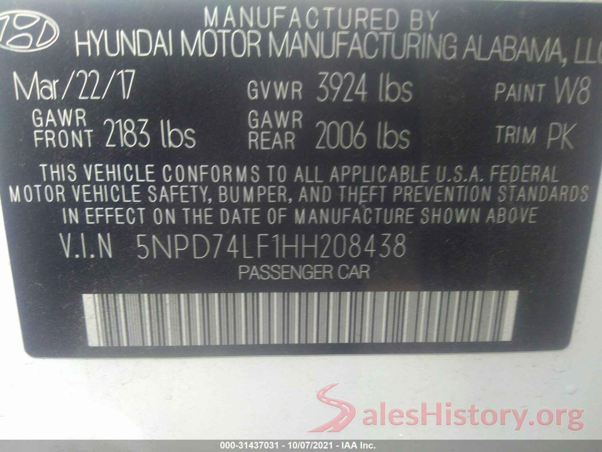 5NPD74LF1HH208438 2017 HYUNDAI ELANTRA