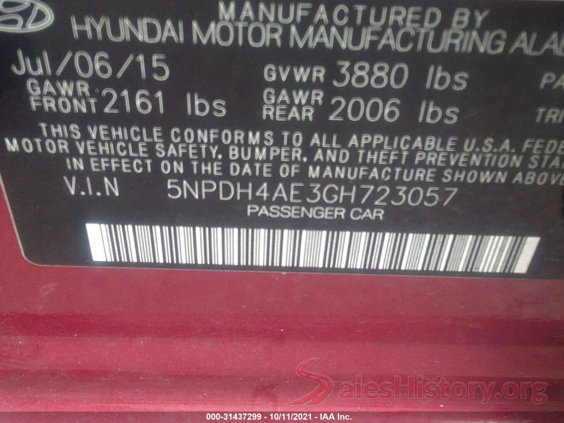 5NPDH4AE3GH723057 2016 HYUNDAI ELANTRA