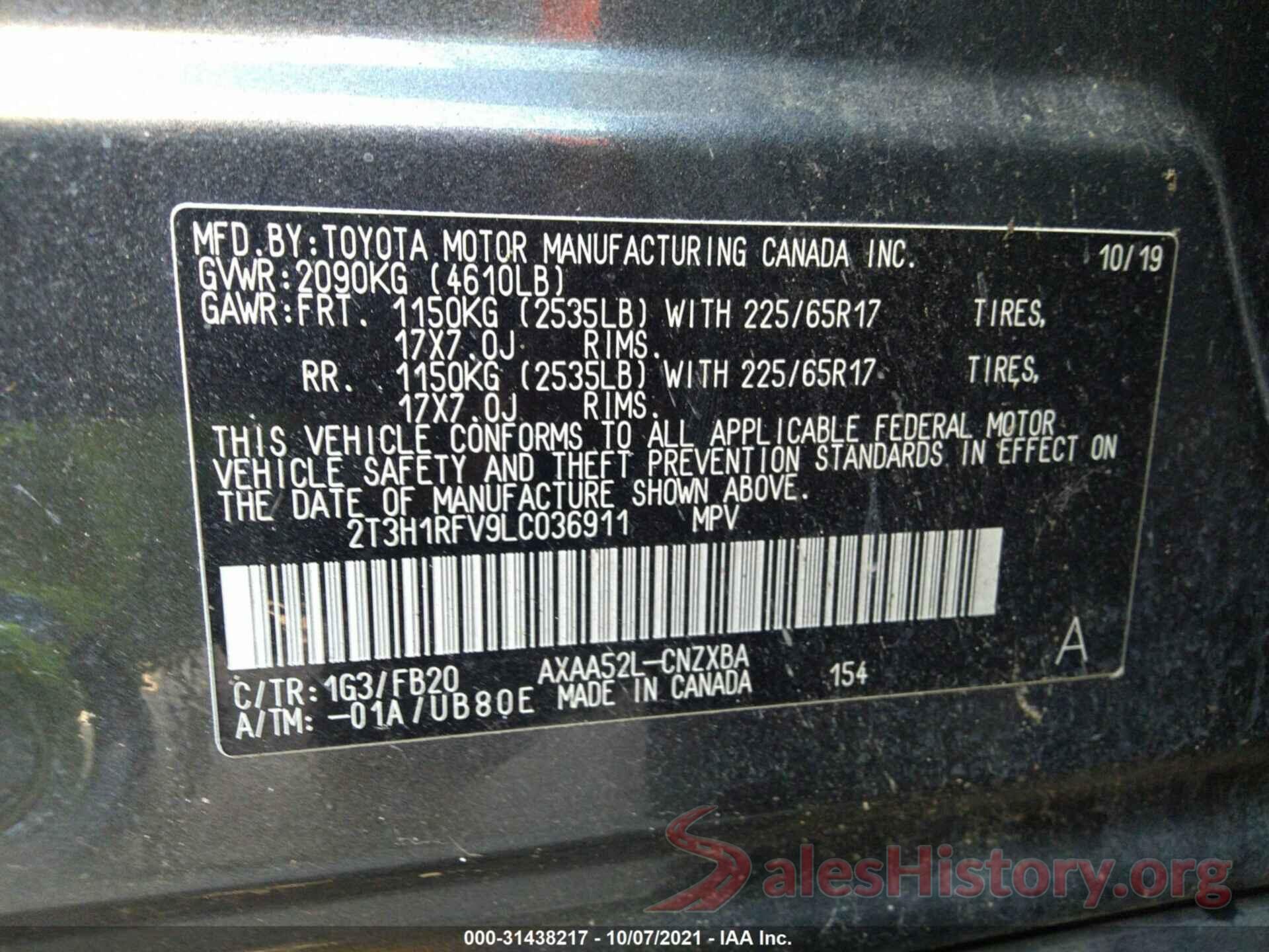 2T3H1RFV9LC036911 2020 TOYOTA RAV4