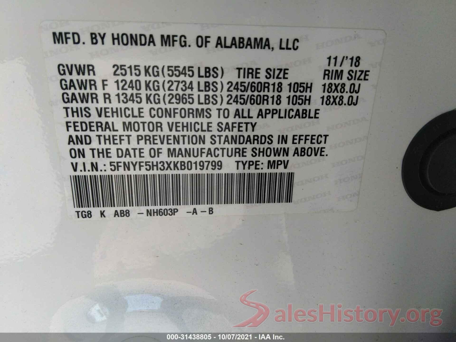 5FNYF5H3XKB019799 2019 HONDA PILOT