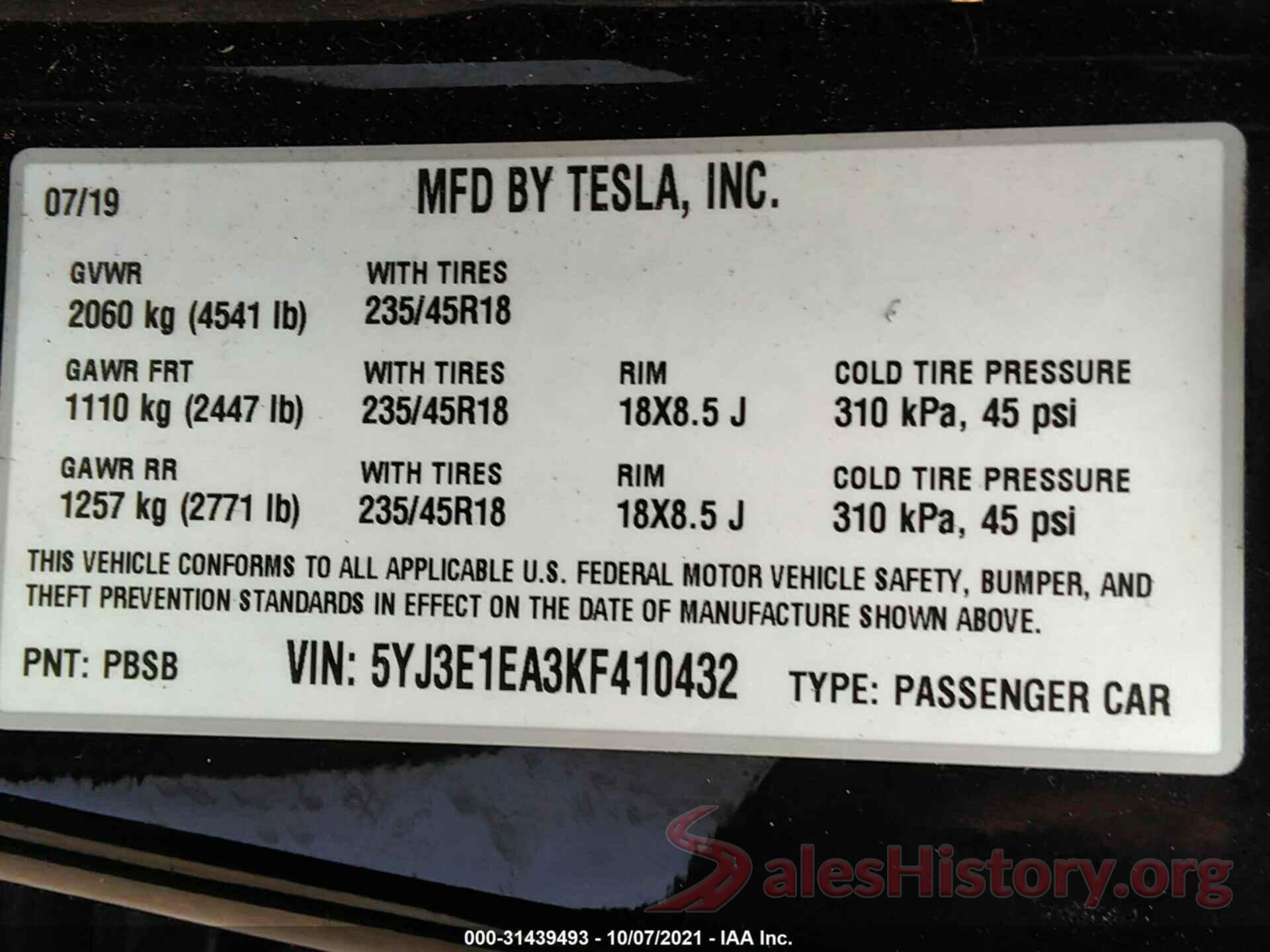 5YJ3E1EA3KF410432 2019 TESLA MODEL 3