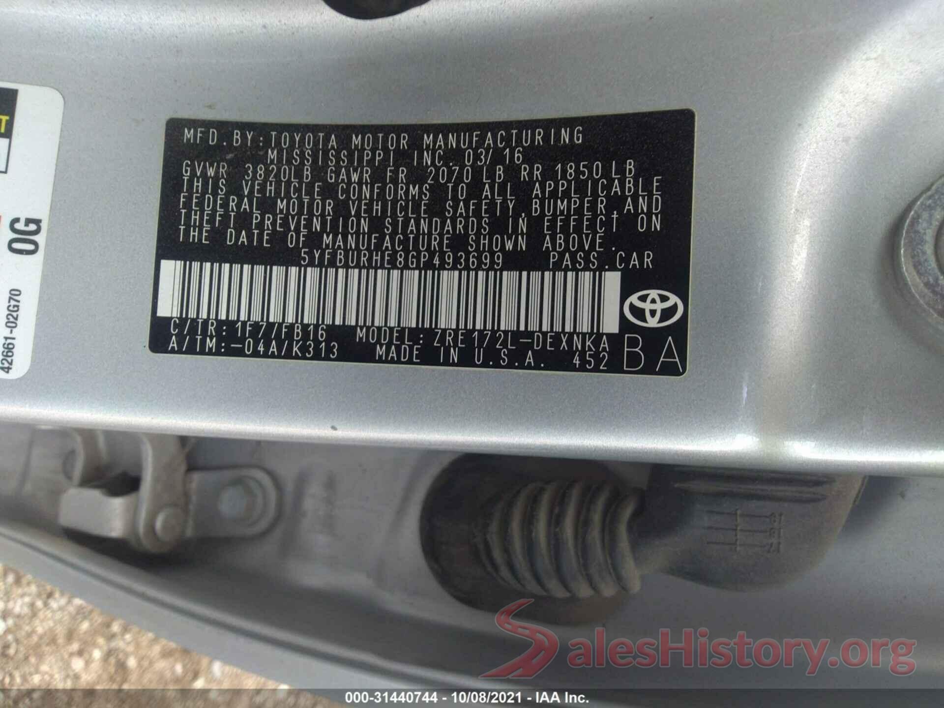 5YFBURHE8GP493699 2016 TOYOTA COROLLA