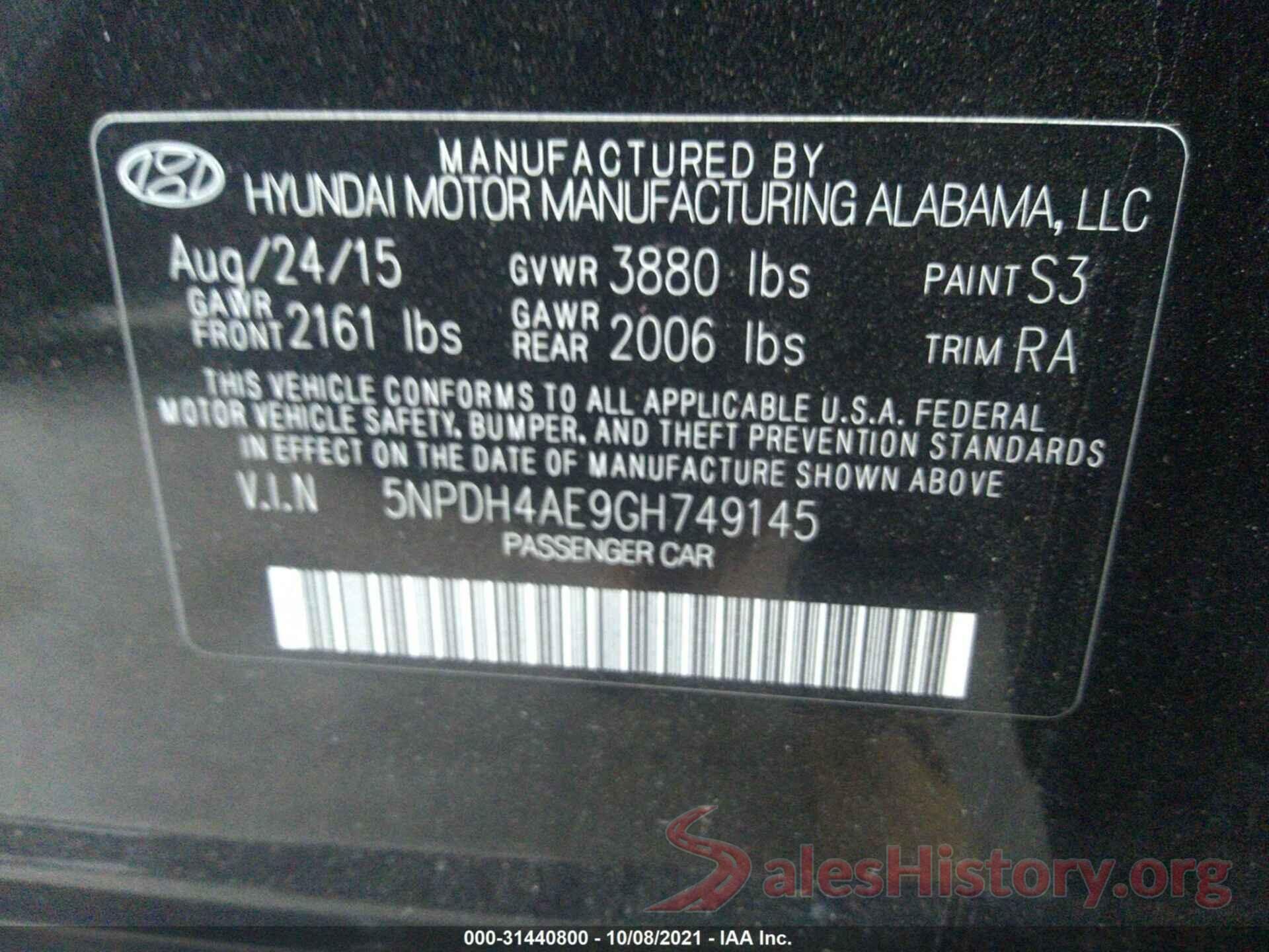 5NPDH4AE9GH749145 2016 HYUNDAI ELANTRA