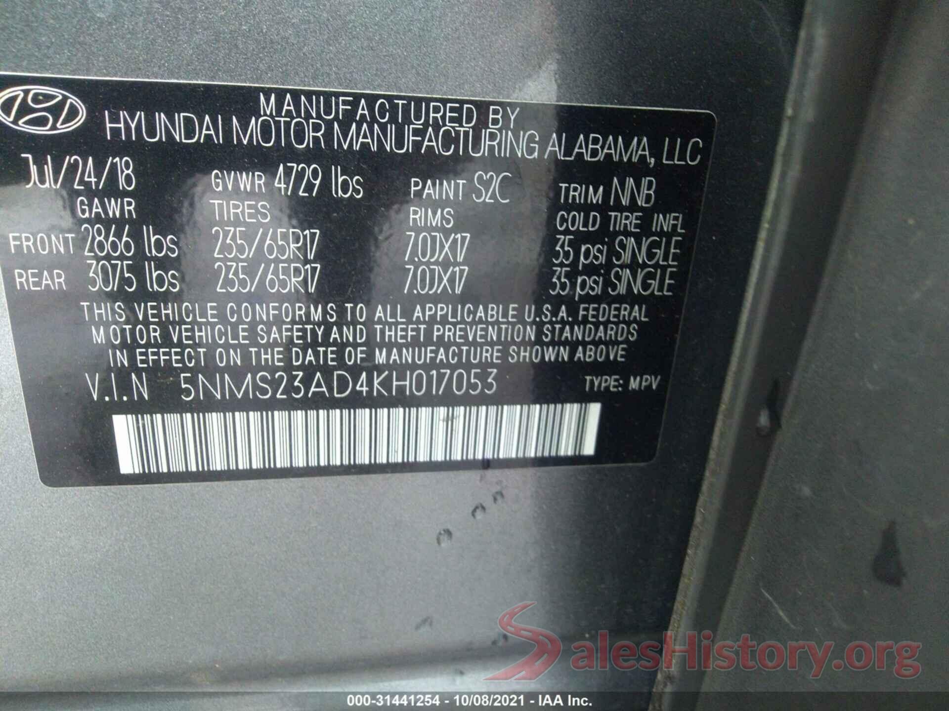 5NMS23AD4KH017053 2019 HYUNDAI SANTA FE